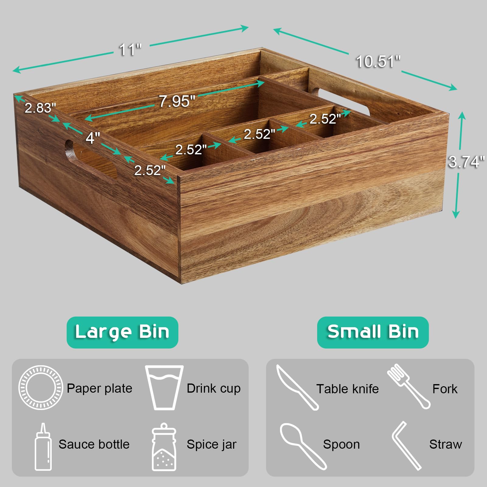 ALELION Soporte para platos de papel para mostrador, soporte para cubiertos con asas, organizador de madera de acacia rústica para tazas, tenedores, cucharas, servilletas, fiesta, barbacoa, camping,
