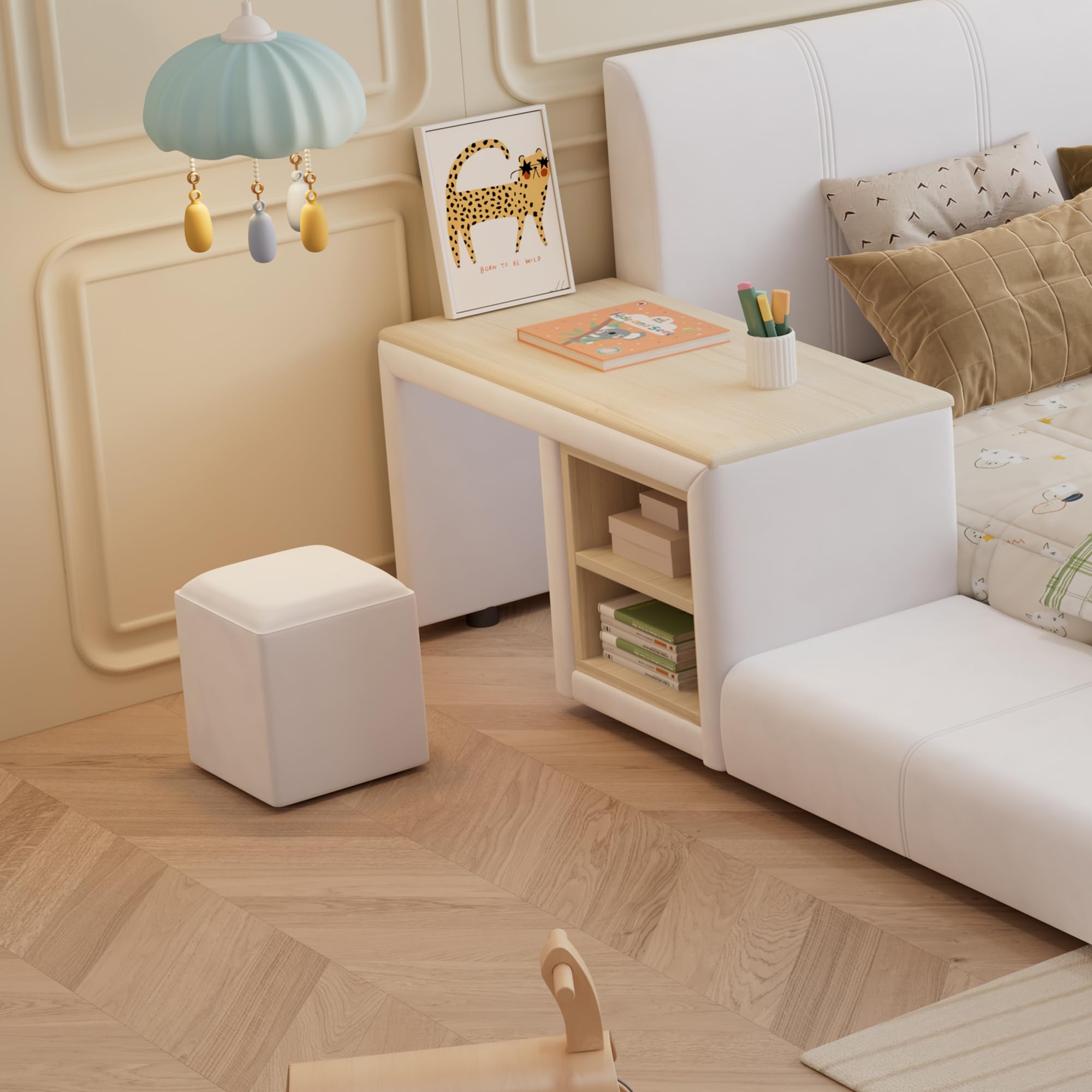Letto imbottito 140 x 200 cm con scrivania per bambini e sgabello, con ripiano, testiera morbida, culla con doghe in legno, velluto, bianco