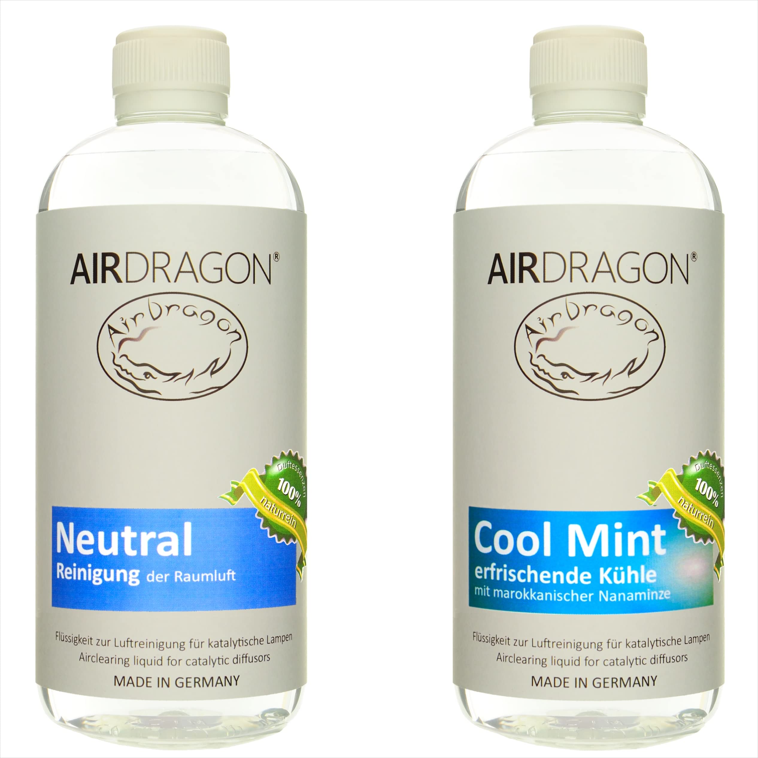 AIRDRAGON® Zestaw zapachowy • Neutral + Cool Mint • 2 x 1 litr • Do każdej lampy katalitycznej • Bez sztucznych substancji zapachowych • Premium naturalny zapach do pomieszczeń