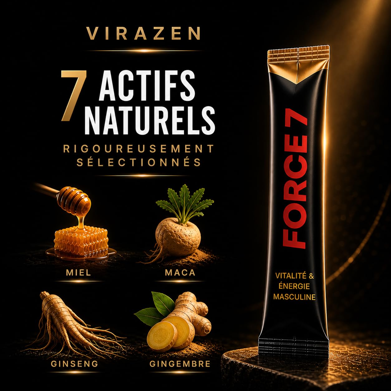 Miel Énergie Homme en Sticks – Effet Immédiat – Vitalité & Performance Masculine – Maca, Ginseng, Tribulus & Zinc – 10 Sticks – VIRAZEN FORCE 7