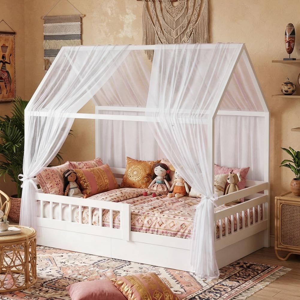 Hausbett Himmel Set, 2 Stück Hausbett Himmel für Kinderbett, 150 x 350 cm, Leichte Atmungsaktive Stoffvorhänge, Hausbetthimmel, Bettvorhang, für Mädchen Jungen Kinderbett Kinderzimmer Deko (Weiß)