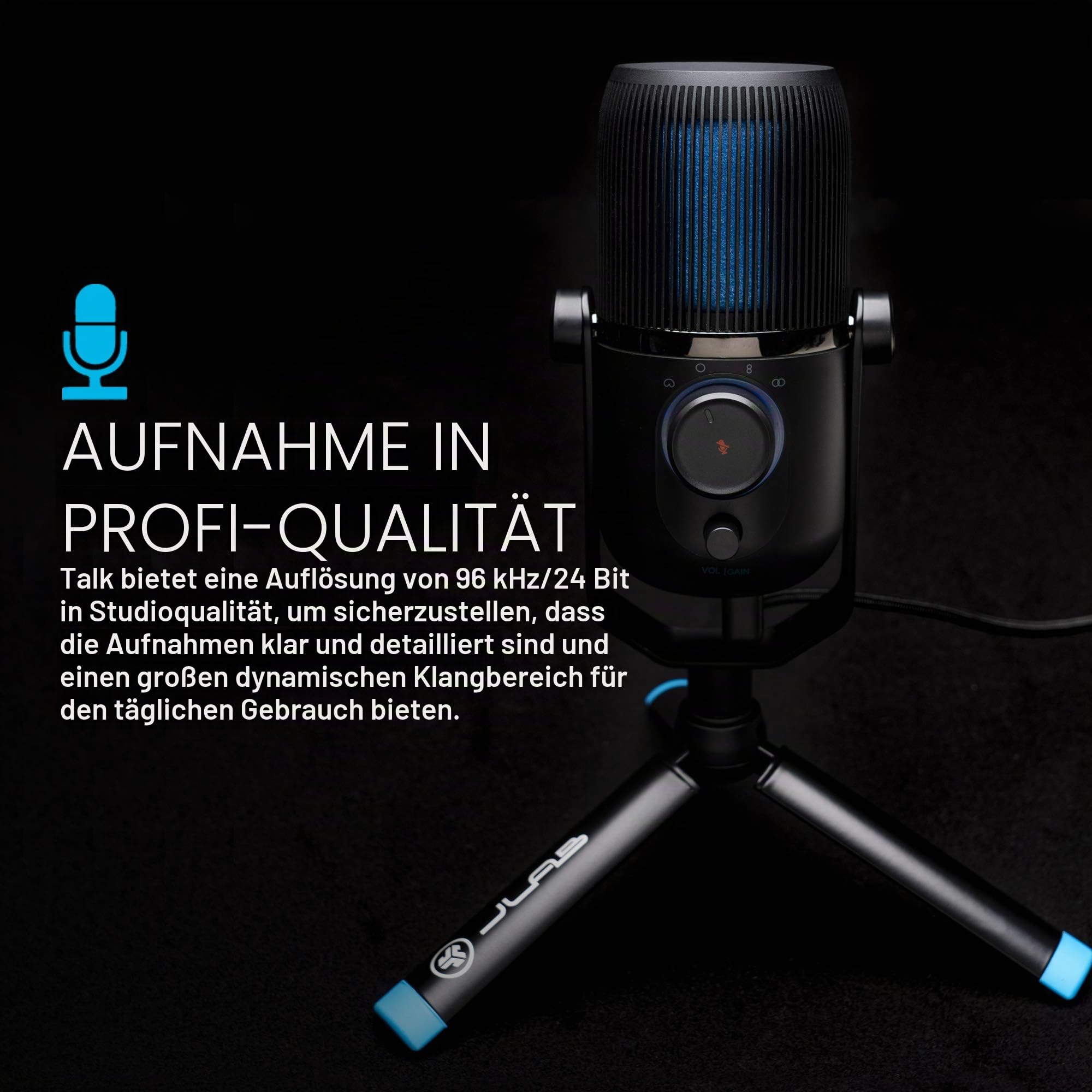 JLab Talk USB Mikrofon - PC Plug und Play Mit USB-C, 4 Richtcharakteristiken, Lautstärkeregelung und Stummschaltung - Streaming, Podcast und Gaming Mikrofon mit Stativ