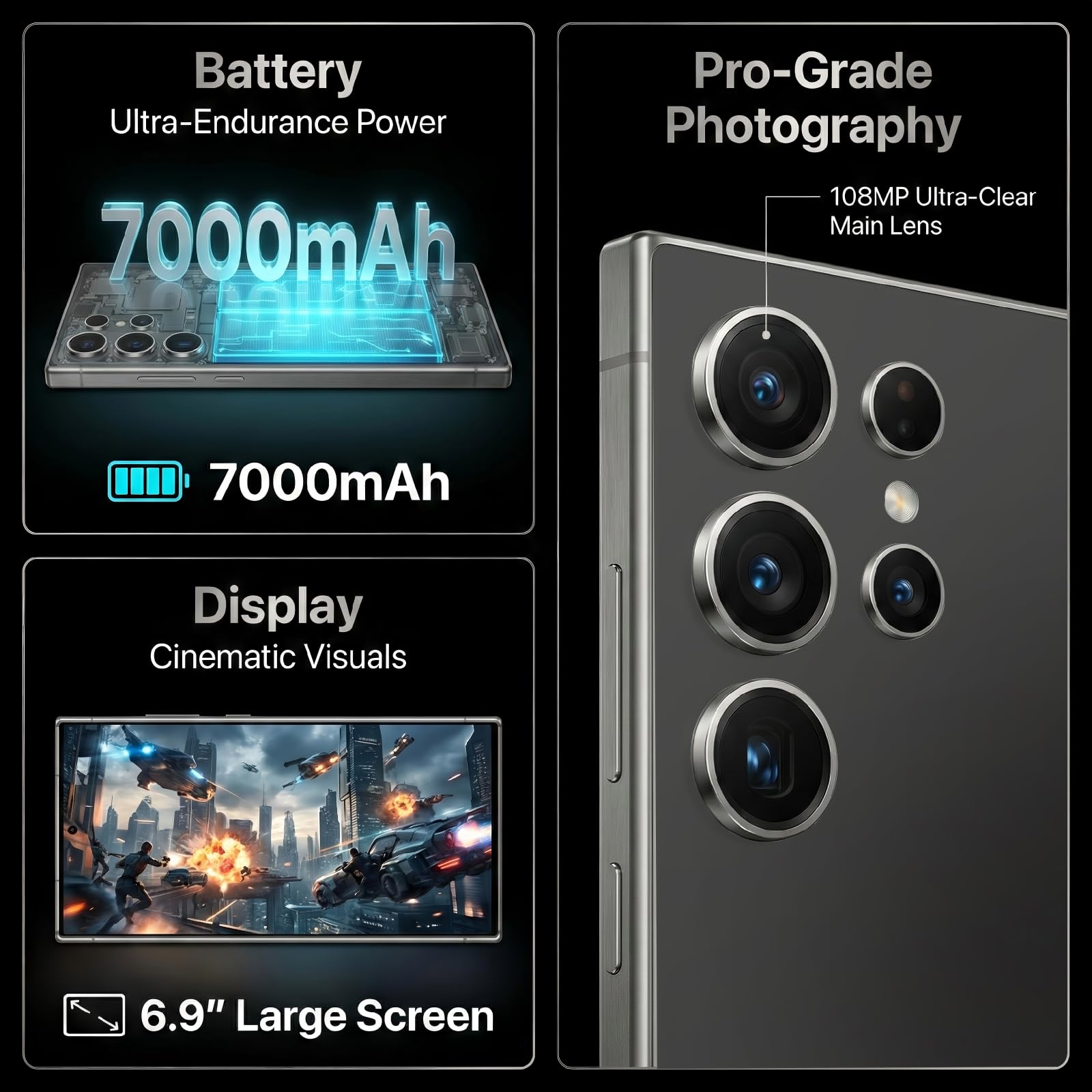 S25 Ultra 5G Unlocked Cell Phone, 16GB+512GB Phone, 6.9" 120Hz Display Smartphone, 108MP Clarity Camera, 7000mAh Long-Lasting Battery, Android 16, Dual SIM/Face ID/GPS-Black - 3