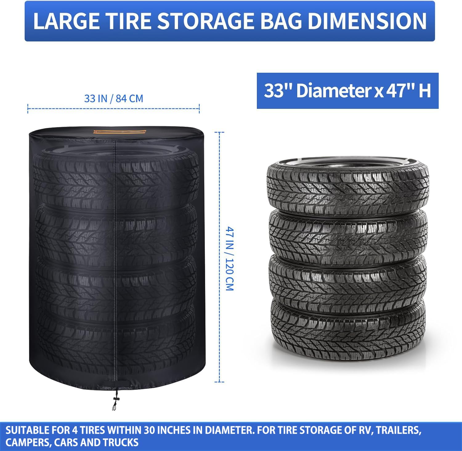Grand Sac pour pneus de Voiture, Rangement Universel 420D Robuste pour 4 pneus, Housse de Pneu avec Fermeture éclair, Bandes imperméables, Bandes réfléchissantes (Ø 84 cm x H 120 cm)