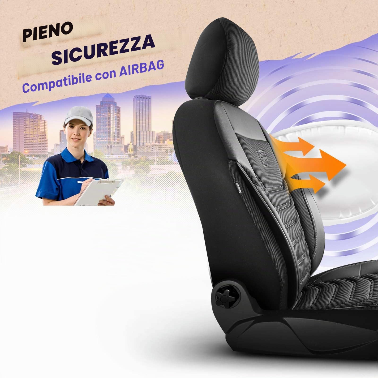 Coprisedili universali per auto e SUV – Coprisedili anteriori di alta qualità, in tessuto piqué, nero e grigio, compatibile con airbag, coprisedile per auto, set di montaggio incluso