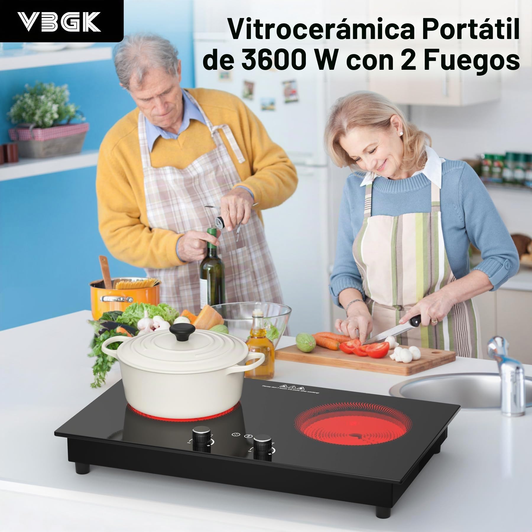 VBGKplaca vitroceramica,3600W vitrocerámica 2 fuegos，Placa calefactora de sobremesa y empotrable con bloqueo de seguridad para niños, temporizador, control mediante mando táctil LED.