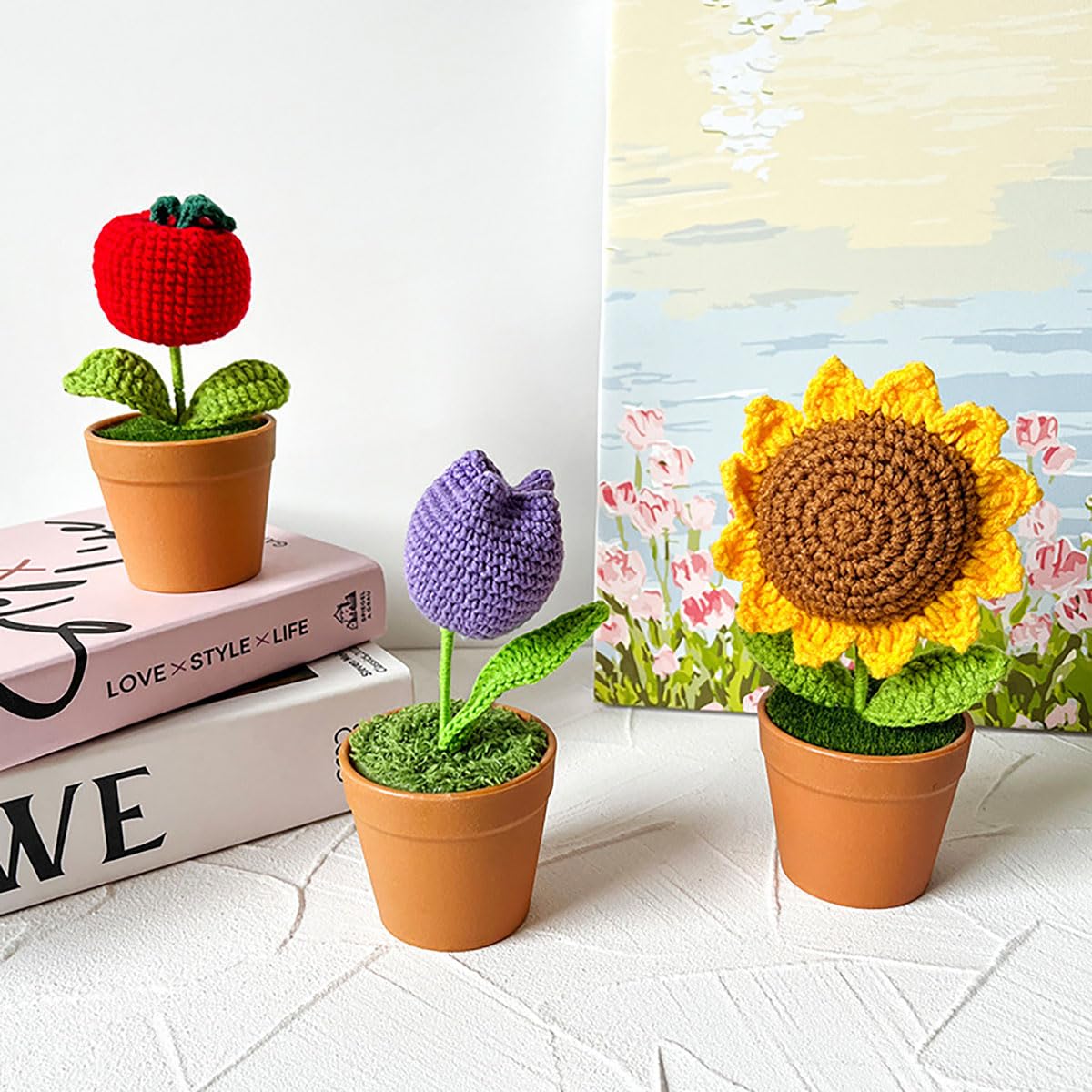 Amazon.co.jp: かぎ針編み 花束 ひまわり チューリップ バラ 鉢植え