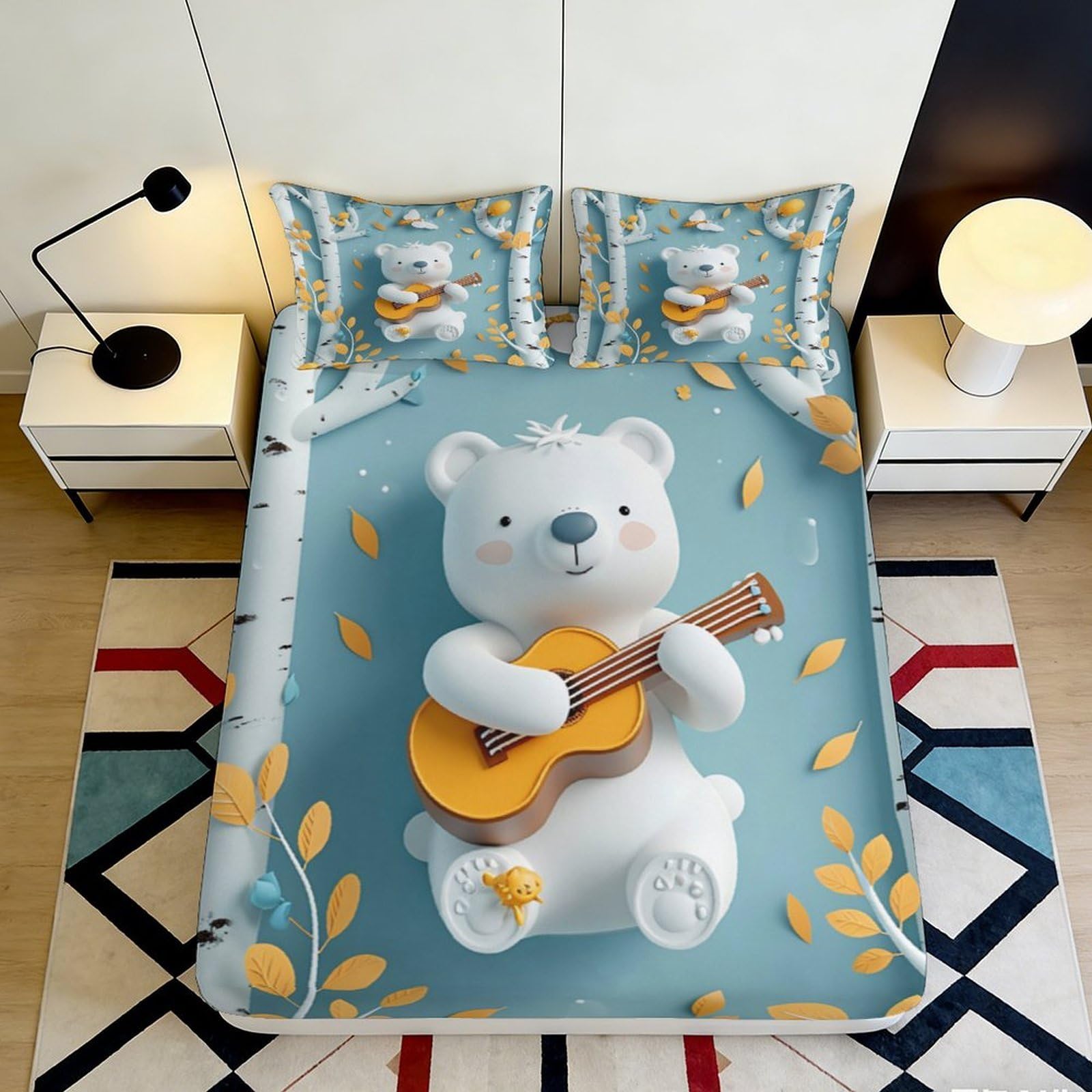 3D Printed Bear Playing Guitar Fitted Sheet Microfiber Soft Blue Mattress Cover Bedroom Decor Protection 90x200x25cm