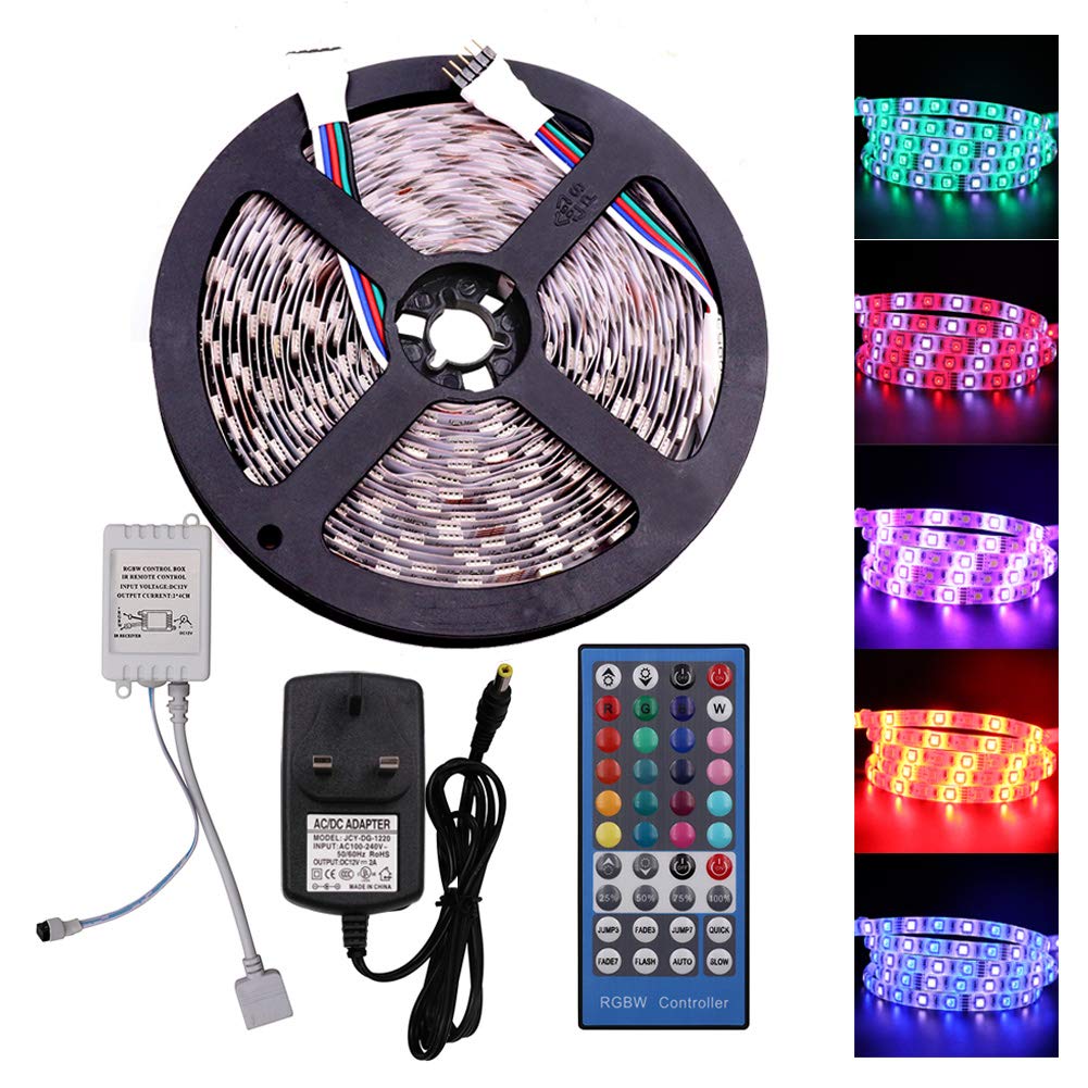 Gql Rgbw (Rgb+White) 5M Rgbw Led Strip Remote Kit, Ip21 Non Waterproof, 5050 300 Units Self Adhesive Led Tape + 40 Keys Remote Controller + 12V 3A Power Supply (Rgb+ White)