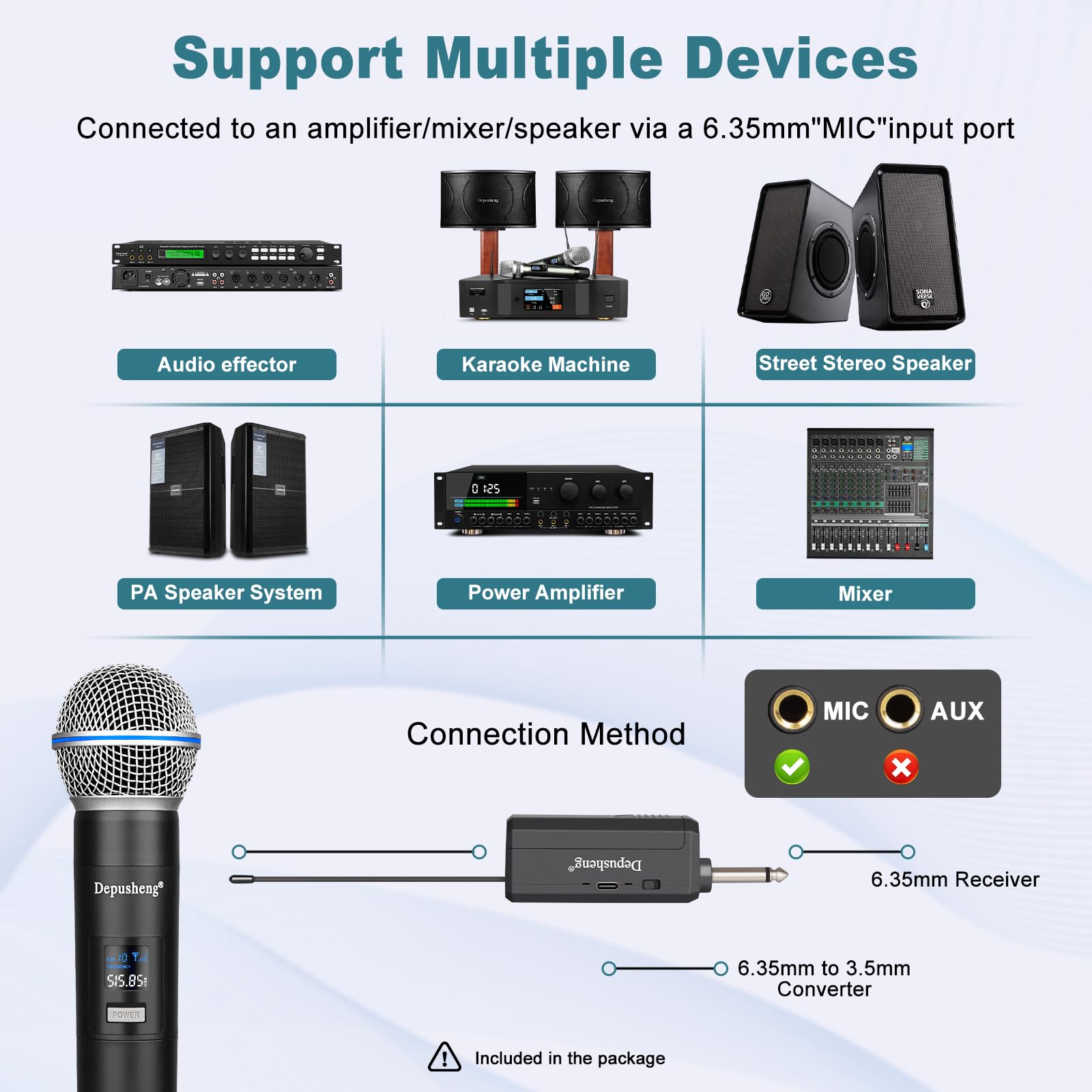 Depusheng Sistema di microfono karaoke wireless duale, set di microfono dinamico con ricevitore ricaricabile per canto, festa, DJ, matrimonio