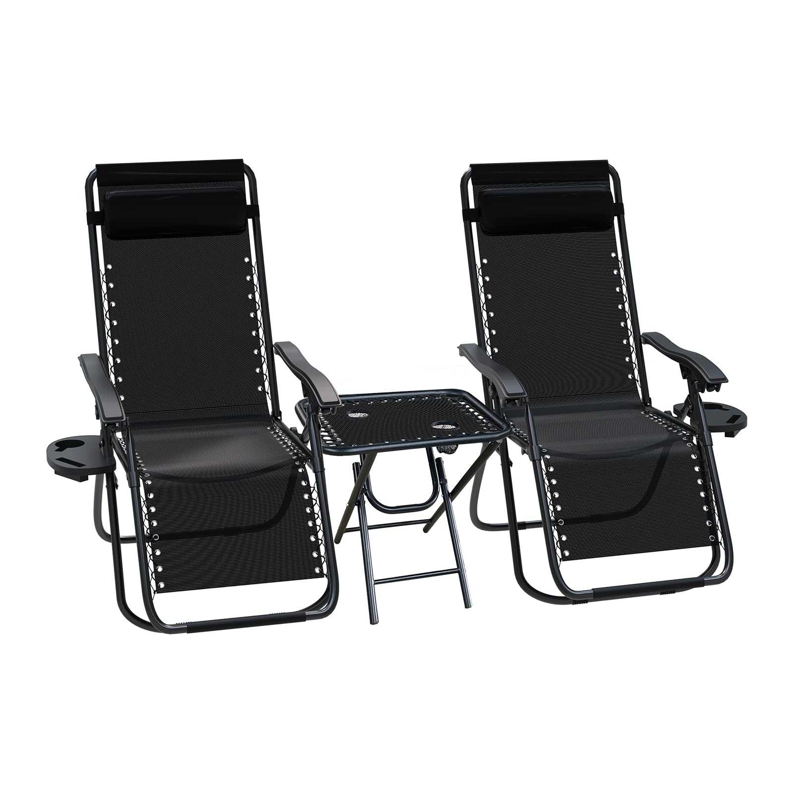 VOUNOT Zero Gravity Chair with Side Table, Set of 2, Folding Sun Loungers, Recliner Garden Chairs, Outdoor Deck Chairs with Cup and Phone Holder, Black