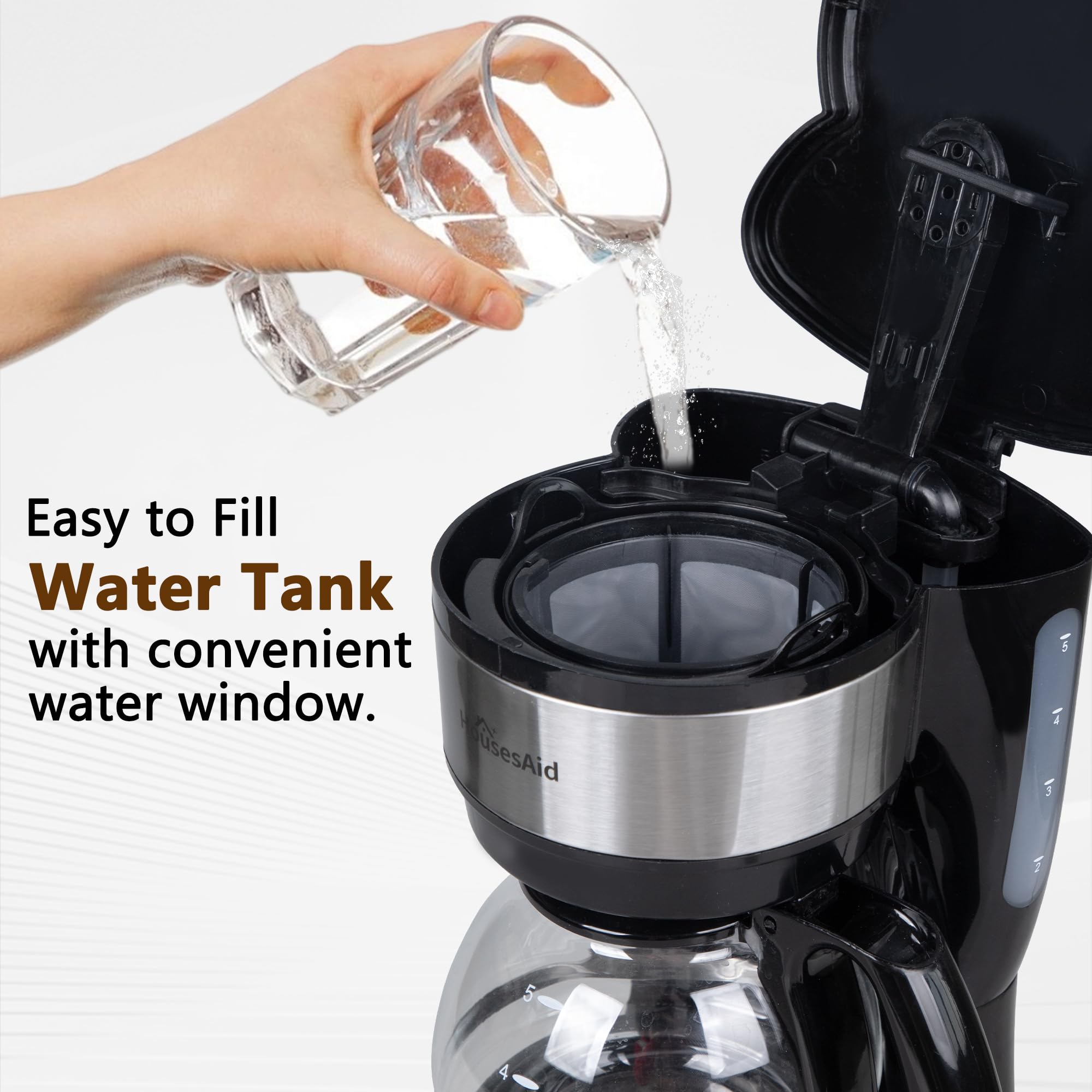 5-Cup Programmable Drip Coffee Maker with Digital Timer, Glass Carafe,24-Hour Auto Brew,2-Hour Auto Shut-Off, Pause & Pour, Removable Filter Basket,Compact Coffee Machine for Home & Office - 4