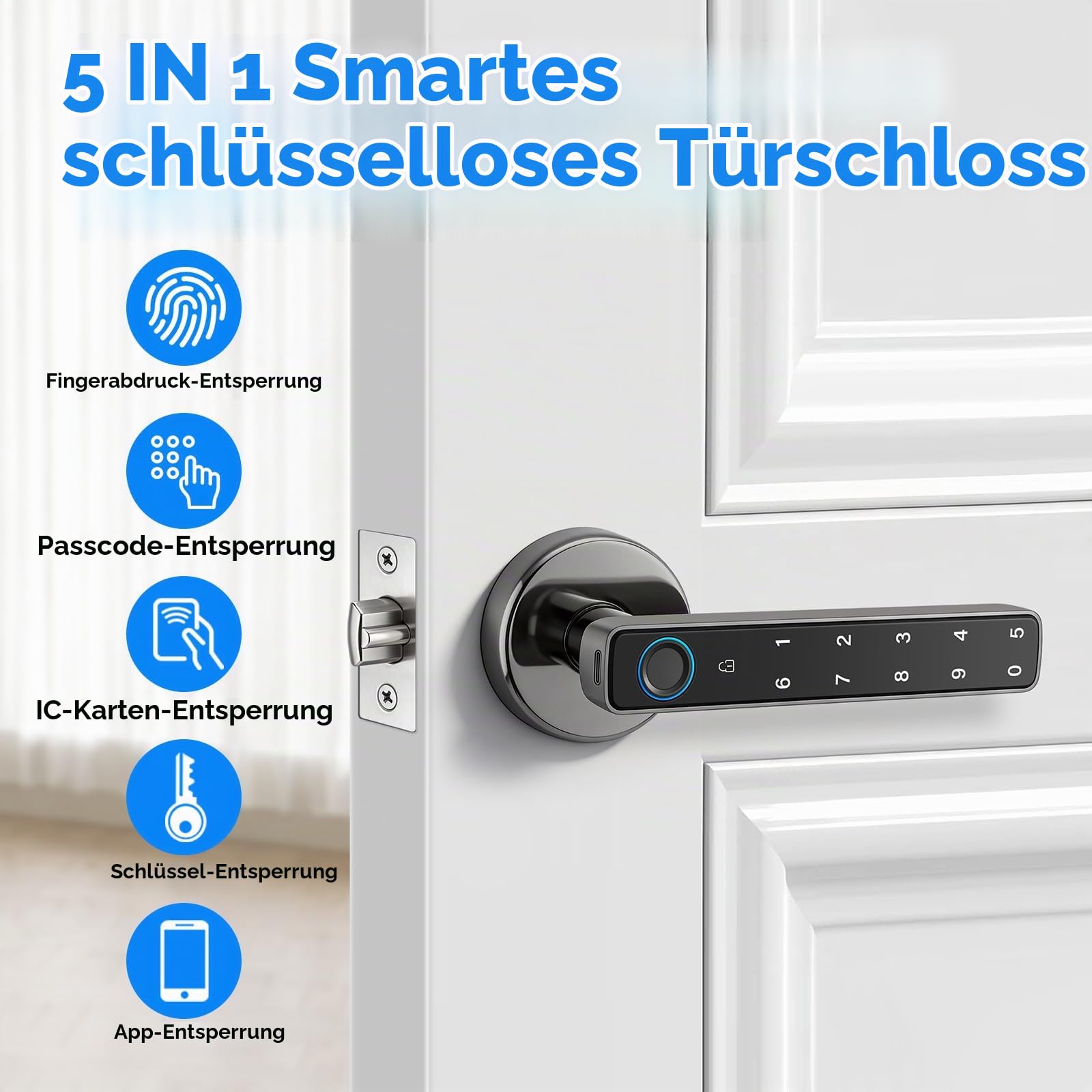 MYPIN Smart-Türknauf mit Fingerabdrucksensor, Tastatur und App-Steuerung, lokaler Datenspeicher, 5 Entriegelungsmöglichkeiten, schlüsselloser Zugang für Homeoffice und Wohnung