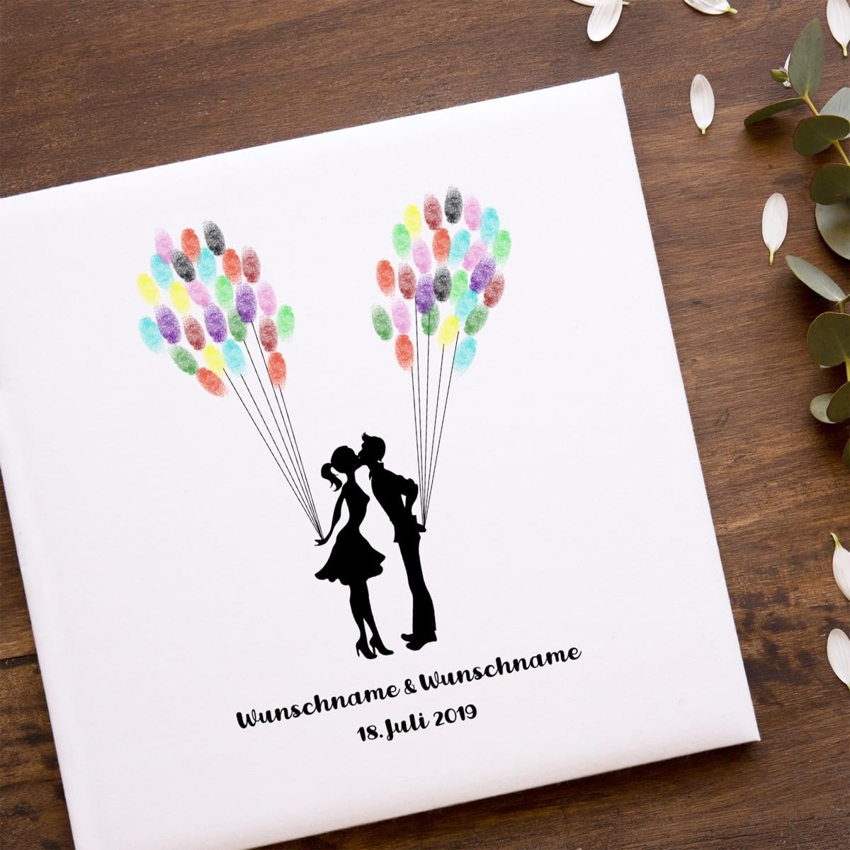 Madyes Tela Matrimonio impronte digitali Libro degli ospiti personalizzato Albero Bacio per la coppia di sposi come regalo, decorazione matrimonio, nome con data. 50 x 50 cm grande su telaio in legno