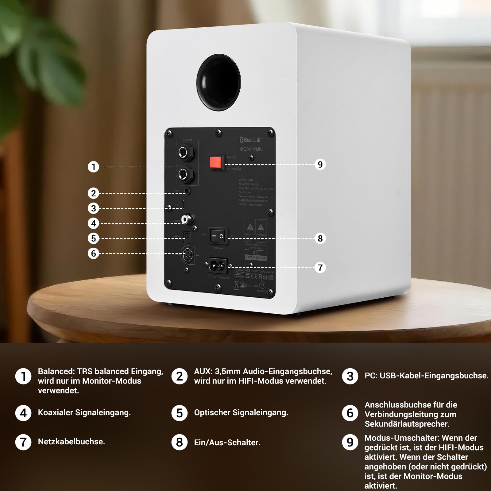 Sanyun SW206 80W Aktive Regallautsprecher 2.0 4“, Creator-/Musikmodus | Kohlefaser 10cm + Seidenkalotte 25mm, 24-Bit-DAC, TRS 6,35mm symmetrisch, Optisch/Koaxial/AUX/USB/BT, MDF (Paar, Weiß)