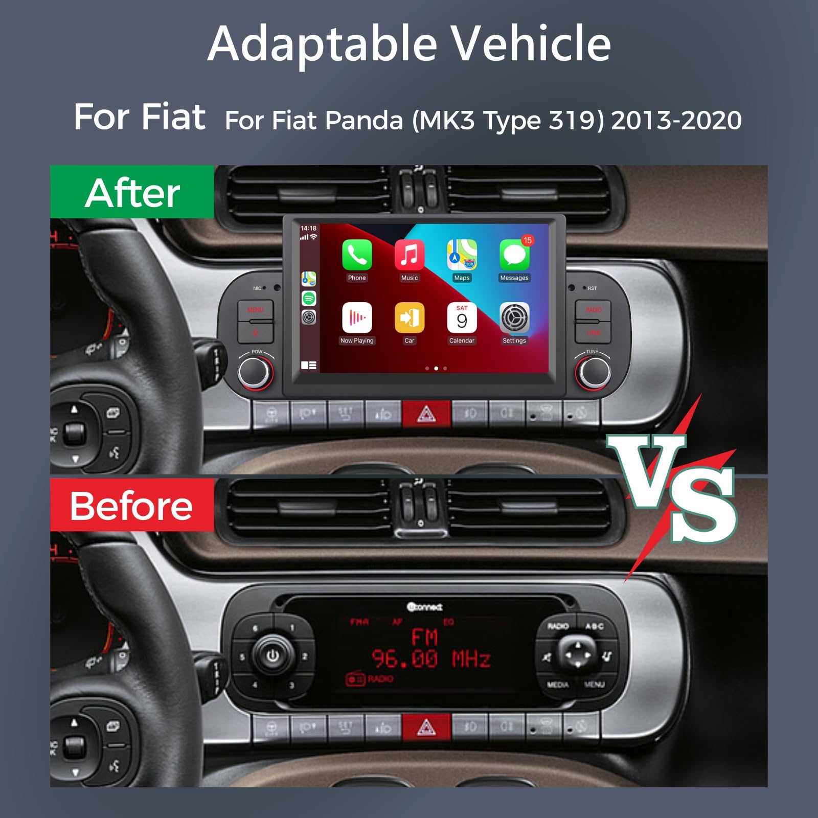 Autoradio per Fiat Panda 2013-2020 con Carplay/Android Auto/Mirrorlink Radio Schermo tattile Supporto, 7 pollici Touchscreen Bluetooth/FM/AM/USB/EQ
