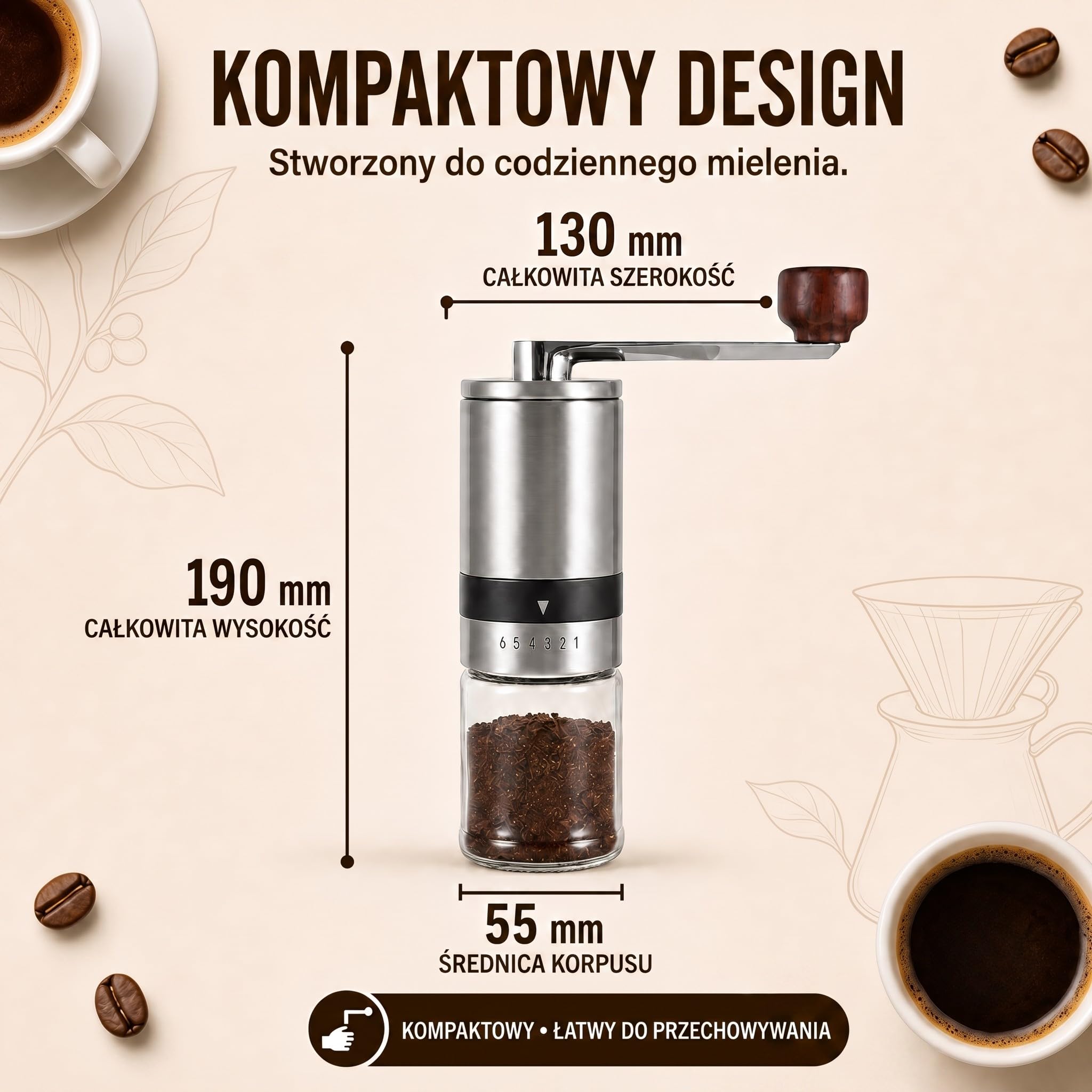 Ręczny młynek do kawy z 2 szklanymi pojemnikami, stal nierdzewna, ceramiczny mechanizm mielący do espresso, do kawy filtrowanej, francuskiej prasy na kemping (srebrny, z 2 pojemnikami)