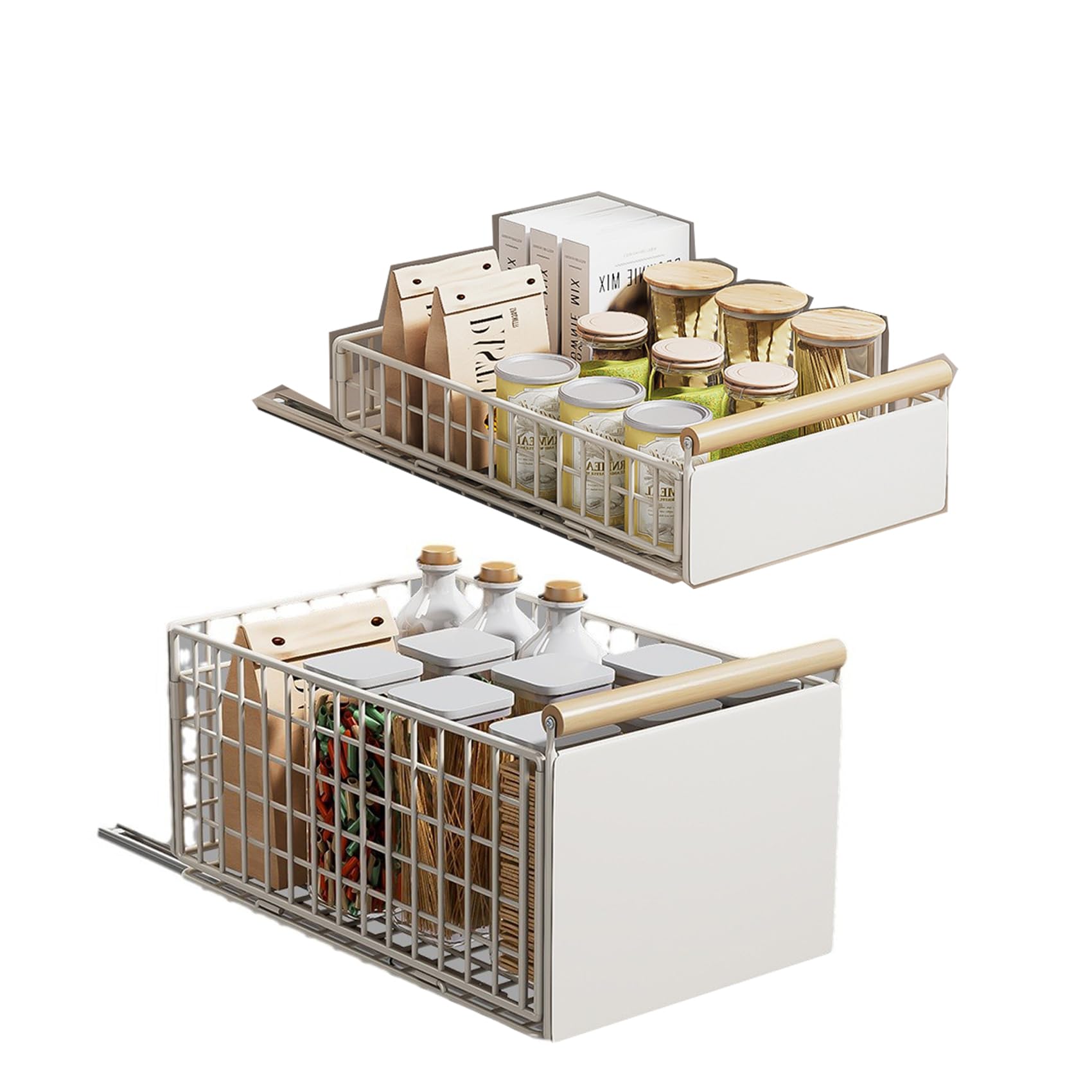 2 paquetes de organizadores plegables para armario con mango de madera, organizador de armario plegable para la cocina, estantes de despensa, cajones de almacenamiento, estante de armario de