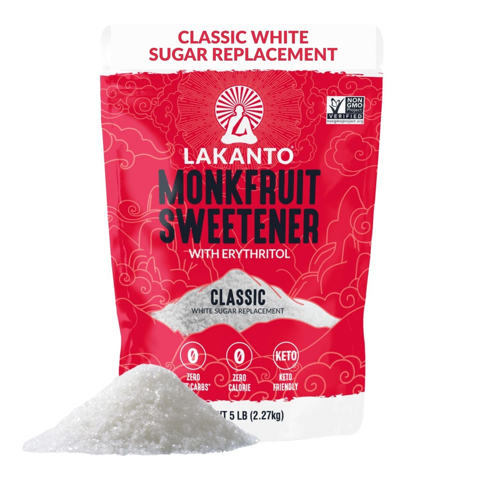 Lakanto Monk Fruit Sweetener With Erythritol, White Sugar Substitute From Monk Fruit Extract, Classic White Sugar Replacement for Baking, Coffee & Tea, Gluten Free, Low Carb, Non GMO, Keto, 5 LB Bag