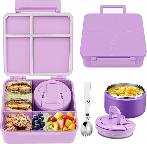 Miniatura 8 de MAXSO Lonchera Bento para niños con termo de sopa de 8 onzas, contenedor de comida caliente a prueba de fugas con 4 compartimentos, tarro de