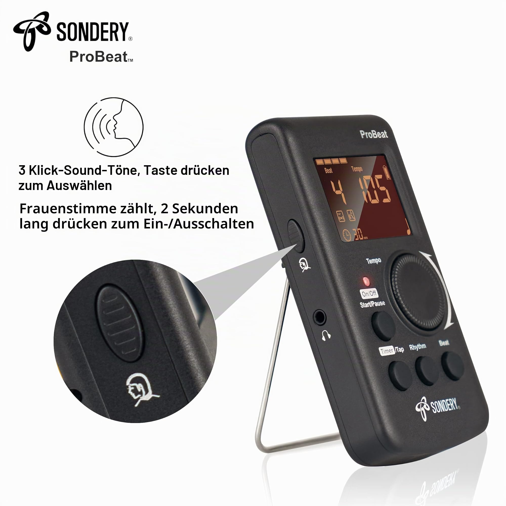 Sondery Digitales Metronom für Gitarre Piano Drum und alle Instrumente, Vocal Count Option und 3 Arten von digitalen Sounds, wird mit einem wiederaufladbaren Li-Akku im Inneren betrieben