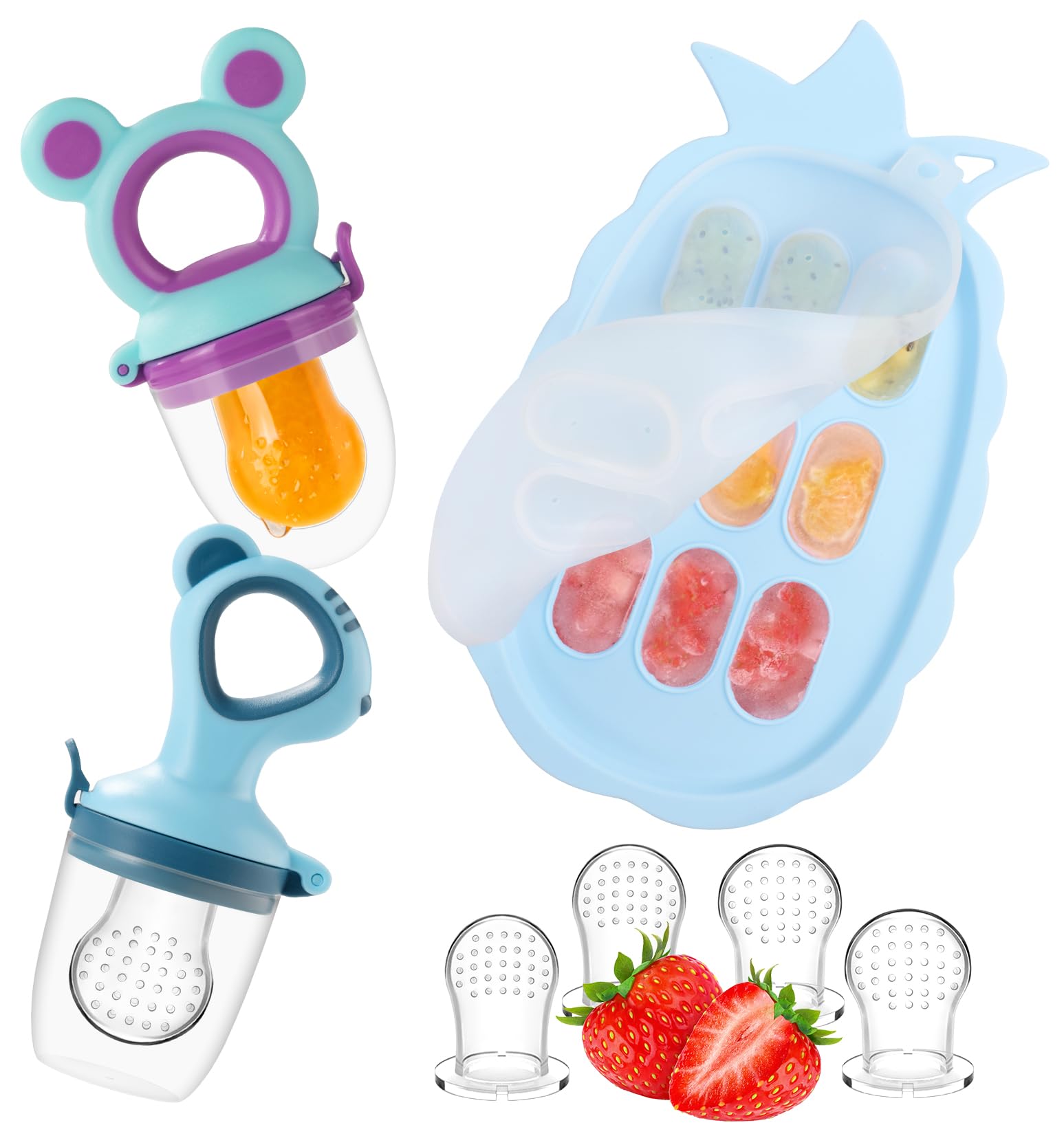 Baby Fruit Feeder Baby Breastmilk Popsicle Molds, Food Freezer Tray Storage Containers, Silicone Pacifier Feeder and Teether, Includes 6 Extra Food