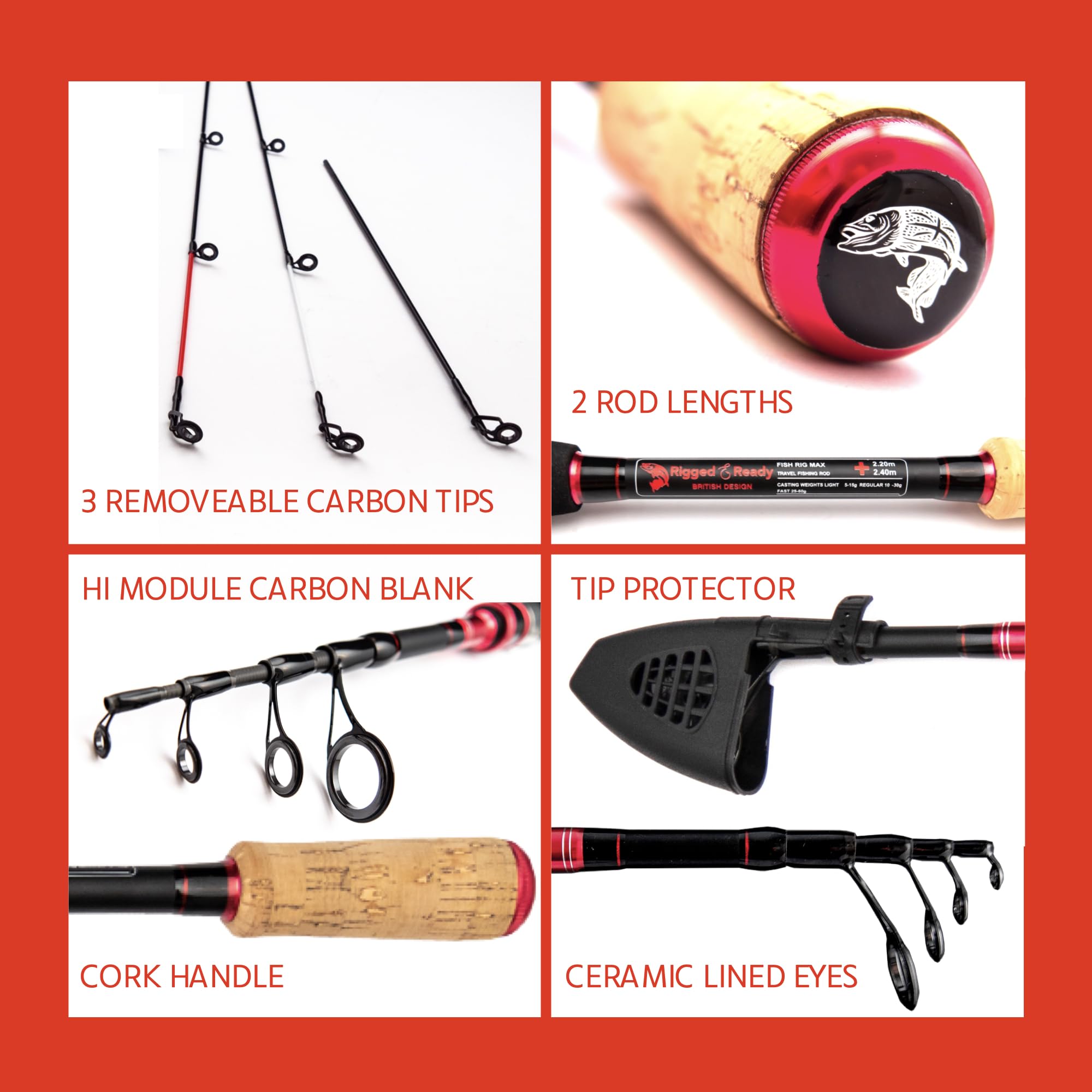 Rigged and Ready Fish Rig Max - Canna da pesca telescopica Spin & Bait-Cast da viaggio con micro grilletto unico, canna in carbonio + 3 punte. 240 e 210 cm, 0-15, 10-30, 20-50 g