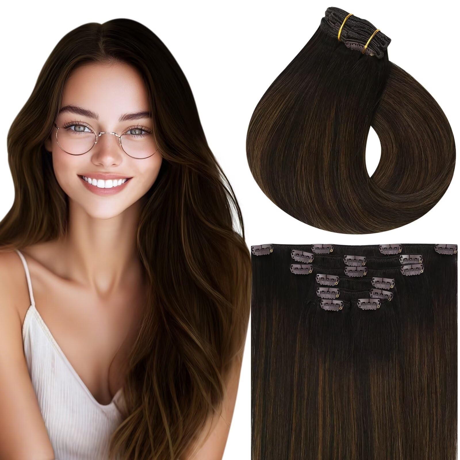 Vivien Brown Clip in Hair Extensions Darkest Brown to Light Brown Balayage Hair Extensions for Women Clip in Hair Extensions Human Hair 22 Inch 120g 7pcs #2/8/2