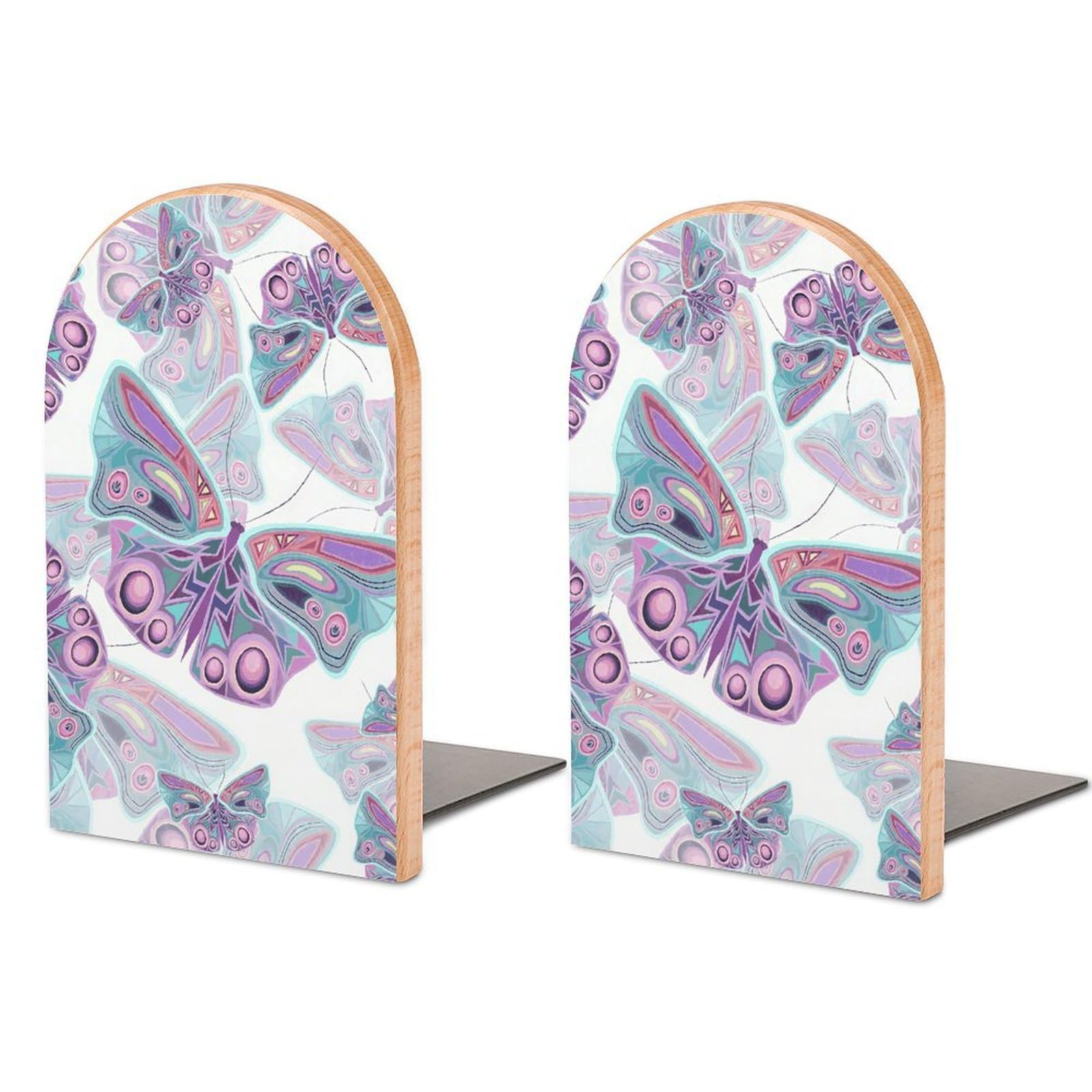 Serre-livres papillon violet en bois et métal, paire de 7,9x12,7 cm pour étagère