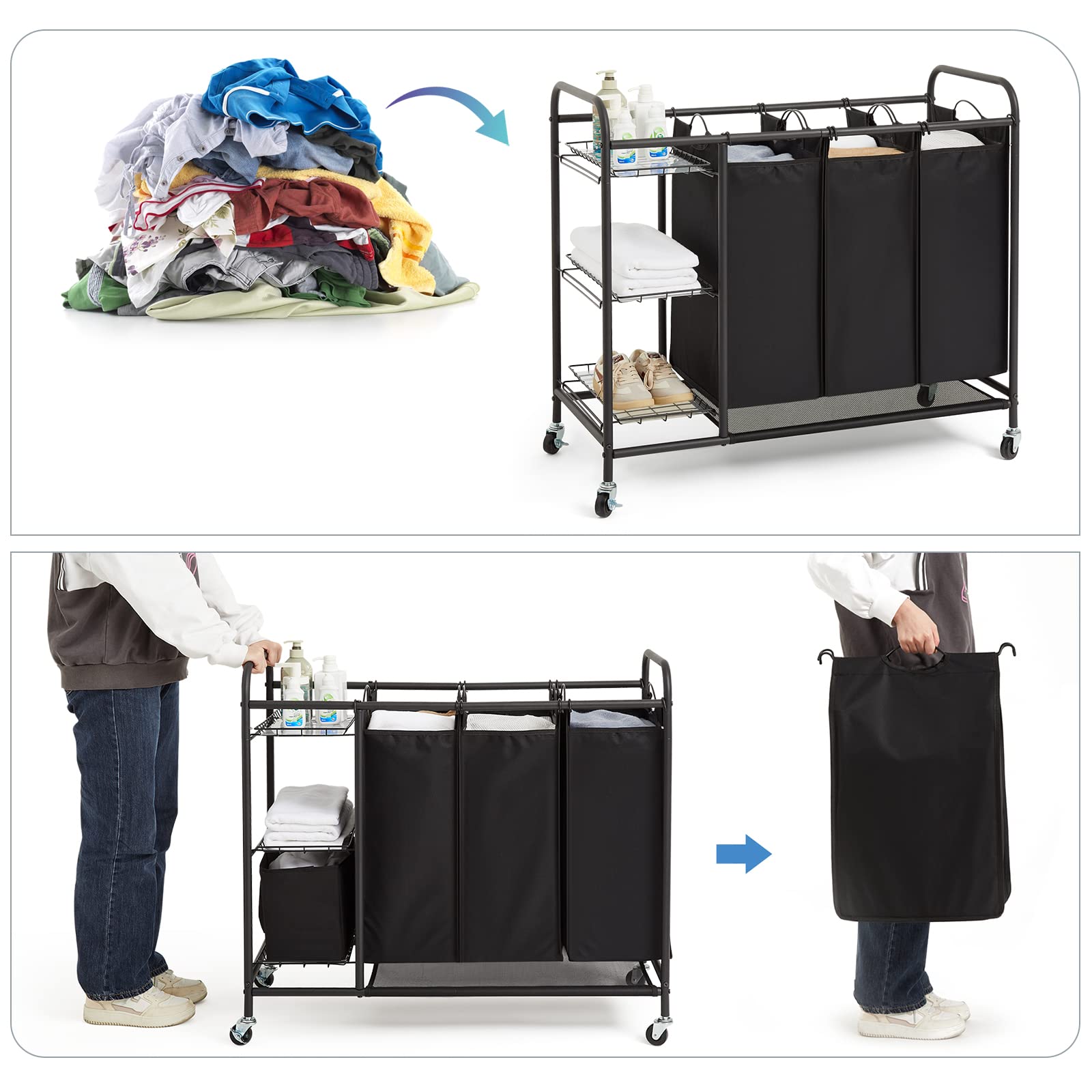 Meerveil Carrello Porta Biancheria con 3 Sacchi Rimovibili, Ceste per Bucato con Rotelle Universali
