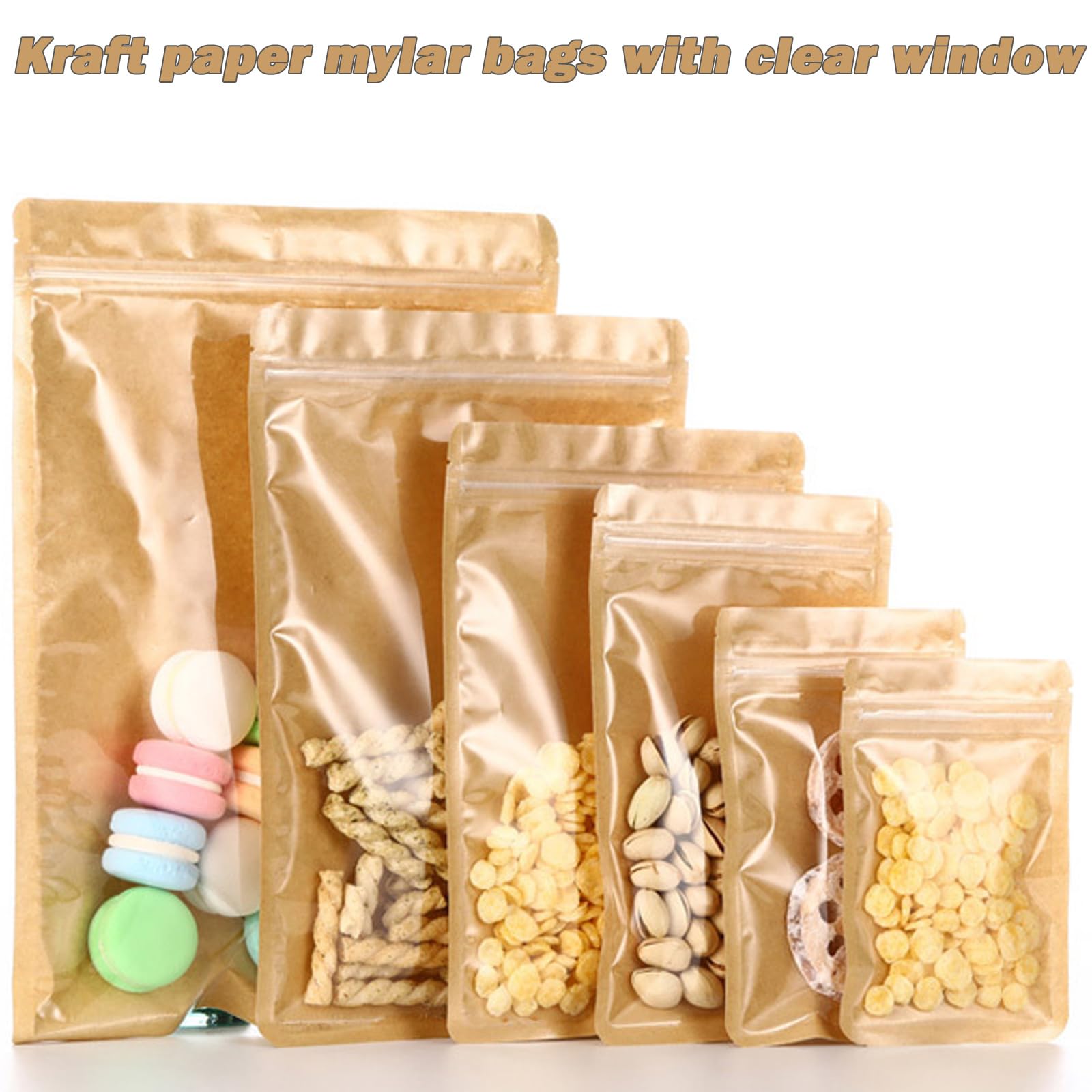 Confezione da 150 sacchetti in carta kraft Mylar da 17,8 x 25,4 cm, con finestra trasparente, grandi sacchetti richiudibili per alimenti a prova di odore, confezione da 150 sacchetti con cerniera per