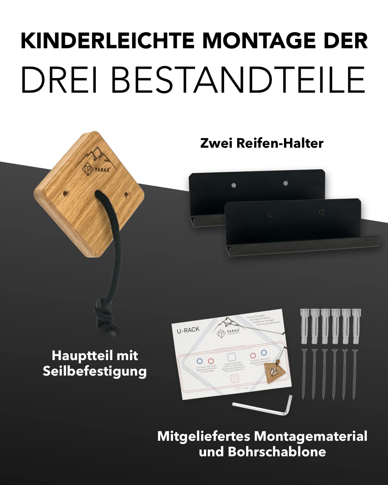 PARAX Fahrrad Wandhalterung U-Rack Holz – Fahrrad Halterung für MTB, E-Bike, Damenrad, Rennrad, Gravel Bike – Fahrradhalter Wand bis 35kg Indoor Aufbewahrung für Garage, Wohnung, Wohnzimmer