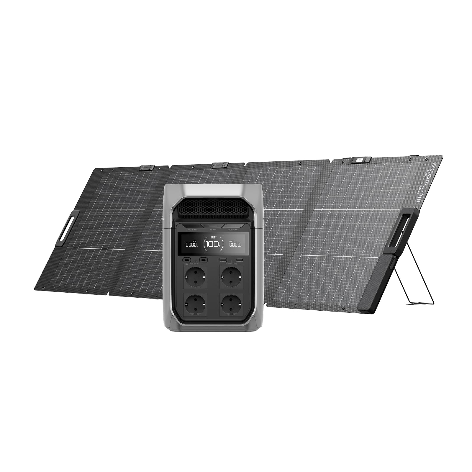 ECOFLOW DELTA 3 Plus Solar Generator with 220W Bifacial Solar Panel, 1000W solar Input, LiFePO4, Portable Power Station 1024Wh, the product is unused, only part of the packaging is defective (Renewed)