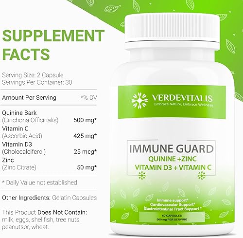 Miniatura 2 de VERDEVITALIS Quinine Immune Guard - Suplemento de cápsulas de quinina con vitamina C, D3, zinc, para alivio de calambres musculares y bienestar