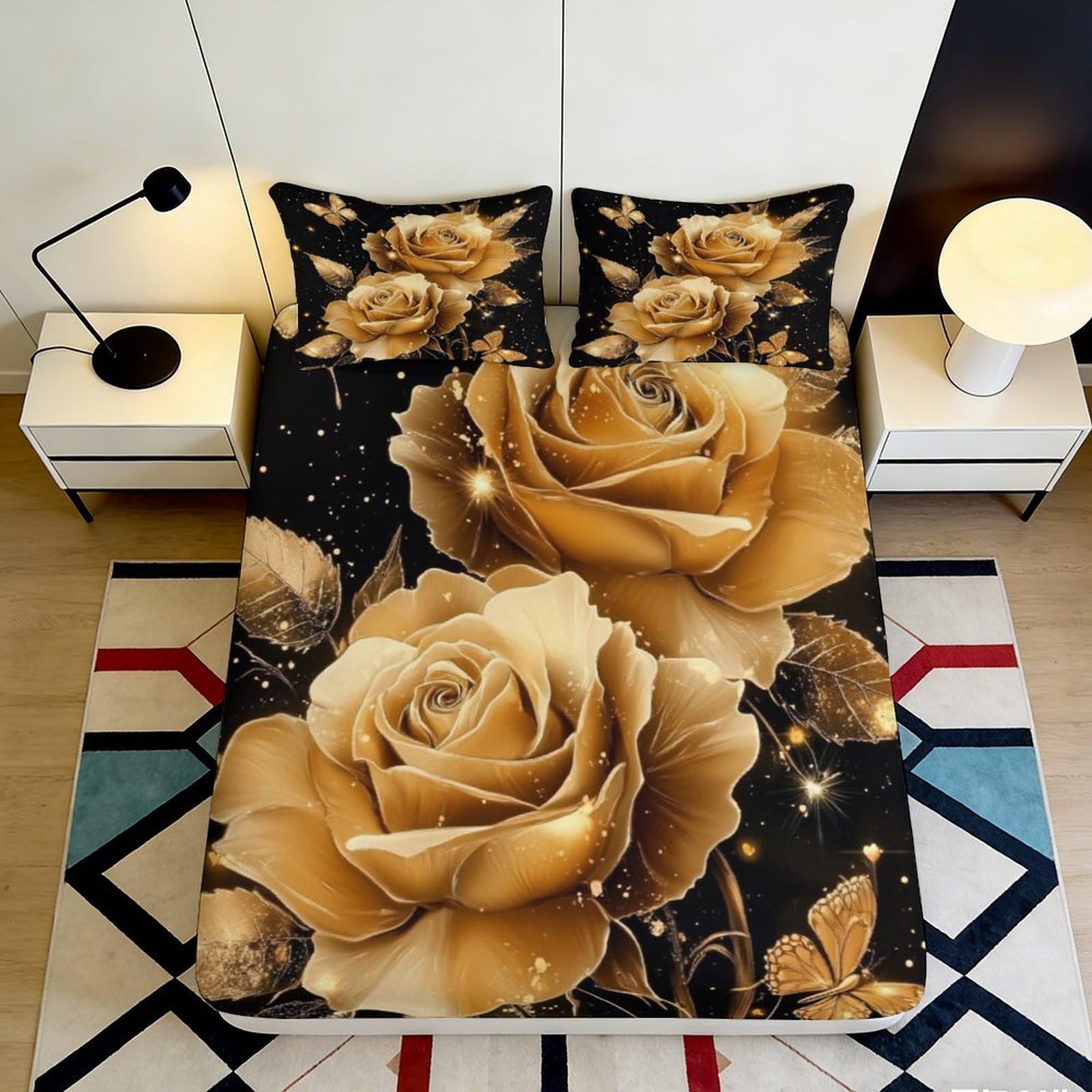 3D Printed Golden Rose Fitted Sheet Microfiber Soft Breathable Butterfly Bed Cover for Bedroom Dormitory Guest Room Mattress Protection Decor 180x200x25cm