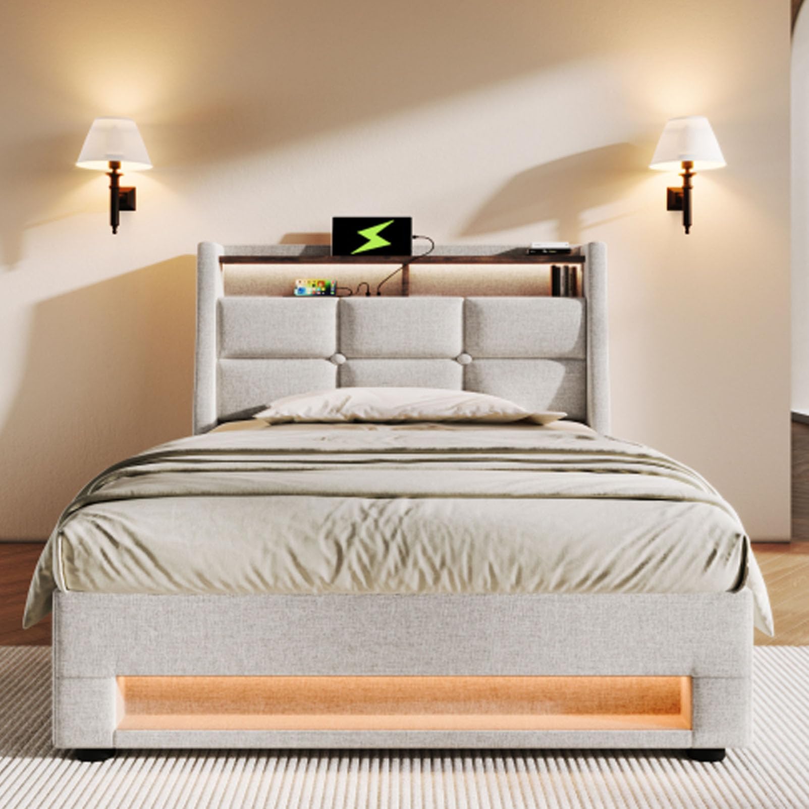 Letto Imbottito Con LED Letto Matrimoniale Con USB Letto Per Ragazzi Adulti Materiale Biancheria Per Giroletto Letti Con Contenitore Box Letti Per Gli Ospiti Con Rete A Doghe Metallo Beige 90x200