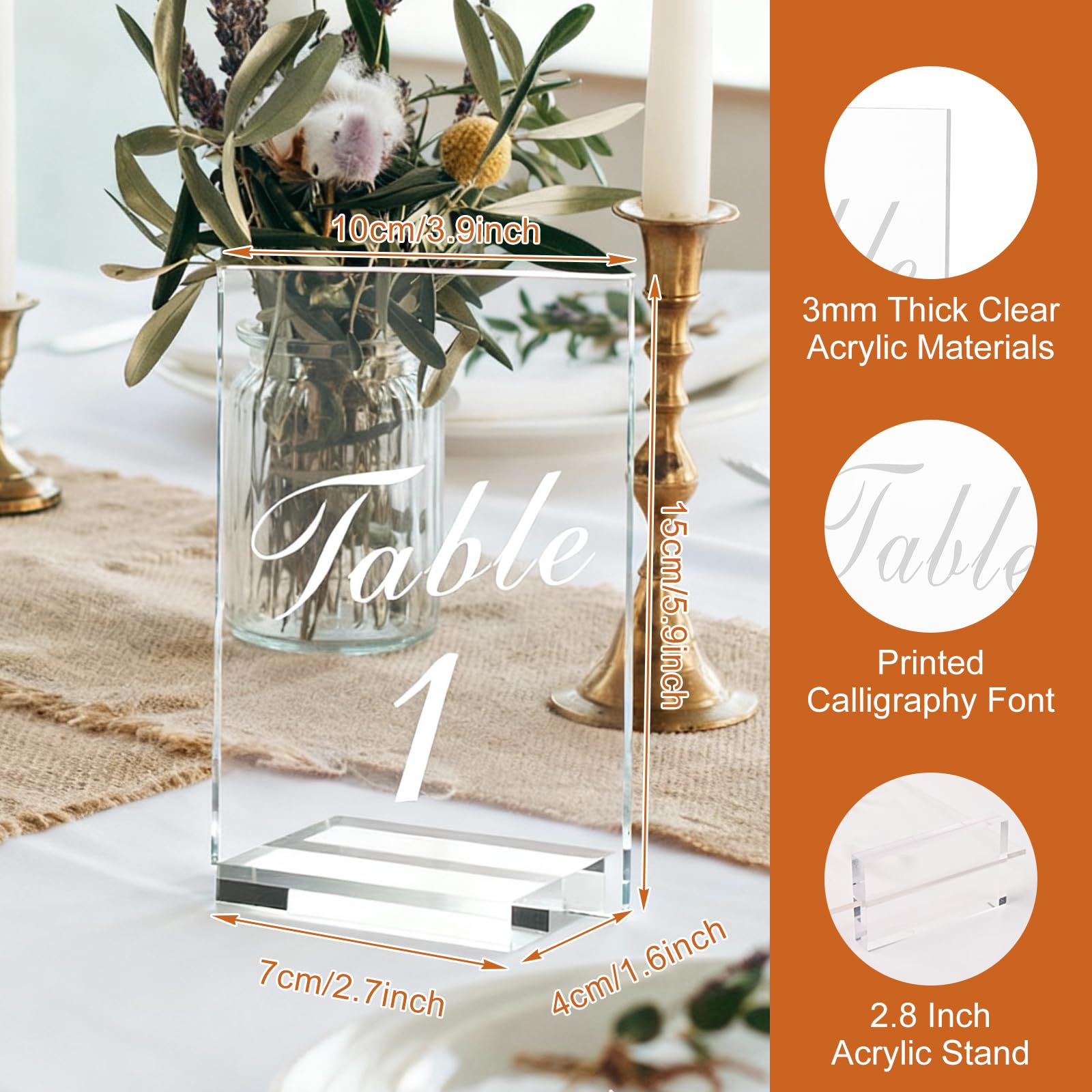 Tischnummern für Hochzeiten, 1–20, mit Ständer, 10,2 x 15,2 cm, transparente Tischnummern für Hochzeit, Party, Empfang, Platznummern, Karten, bedruckte Kalligraphie-Schrift für Veranstaltung,