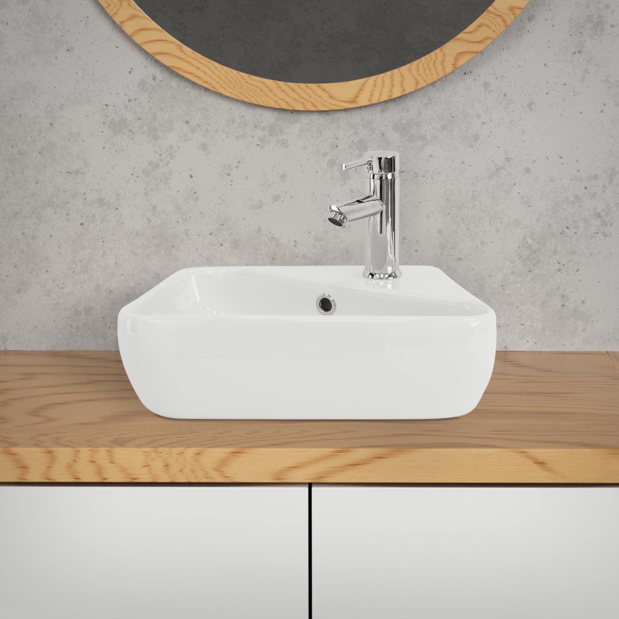 ML-Design Lavabo de Cerámica 45x27x13 cm Angular con Desagüe Blanco Fregadero con Orificio de Grifo a la Derecha Pared o Sobre Encimera Pila Moderna Lavamanos para Baño o Aseo con Rebosadero
