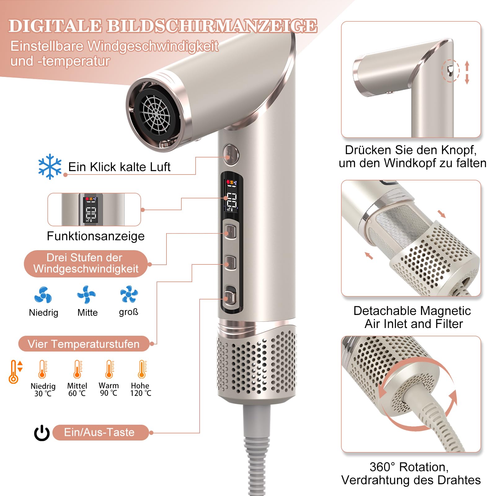 Asciugacapelli 8 in 1, multihairstyler AirStyler, 1600 W, con motore da 110.000 giri/min, con pettine ad aria, ferro arricciacapelli (sinistra e destra), diffusore, bocchetta d'aria (champagne)