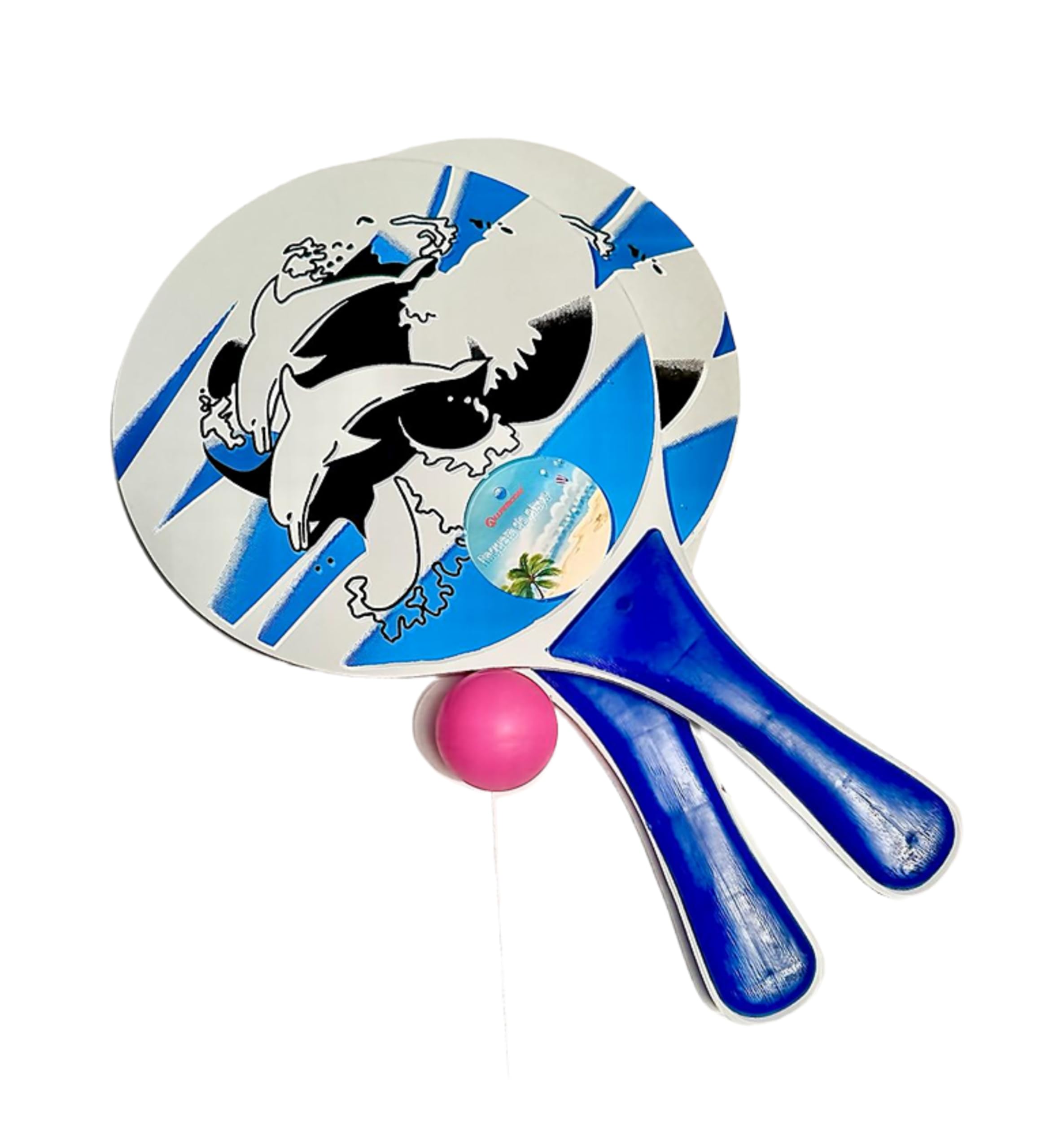 SANDALFON - Raquetas de Playa, Set de 2 Palas con Pelota, Fabricado en Madera, Apto para Ping-Pong y Tenis de Mesa, Todas Las Edades. Diseño en Color Blanco y Azul.