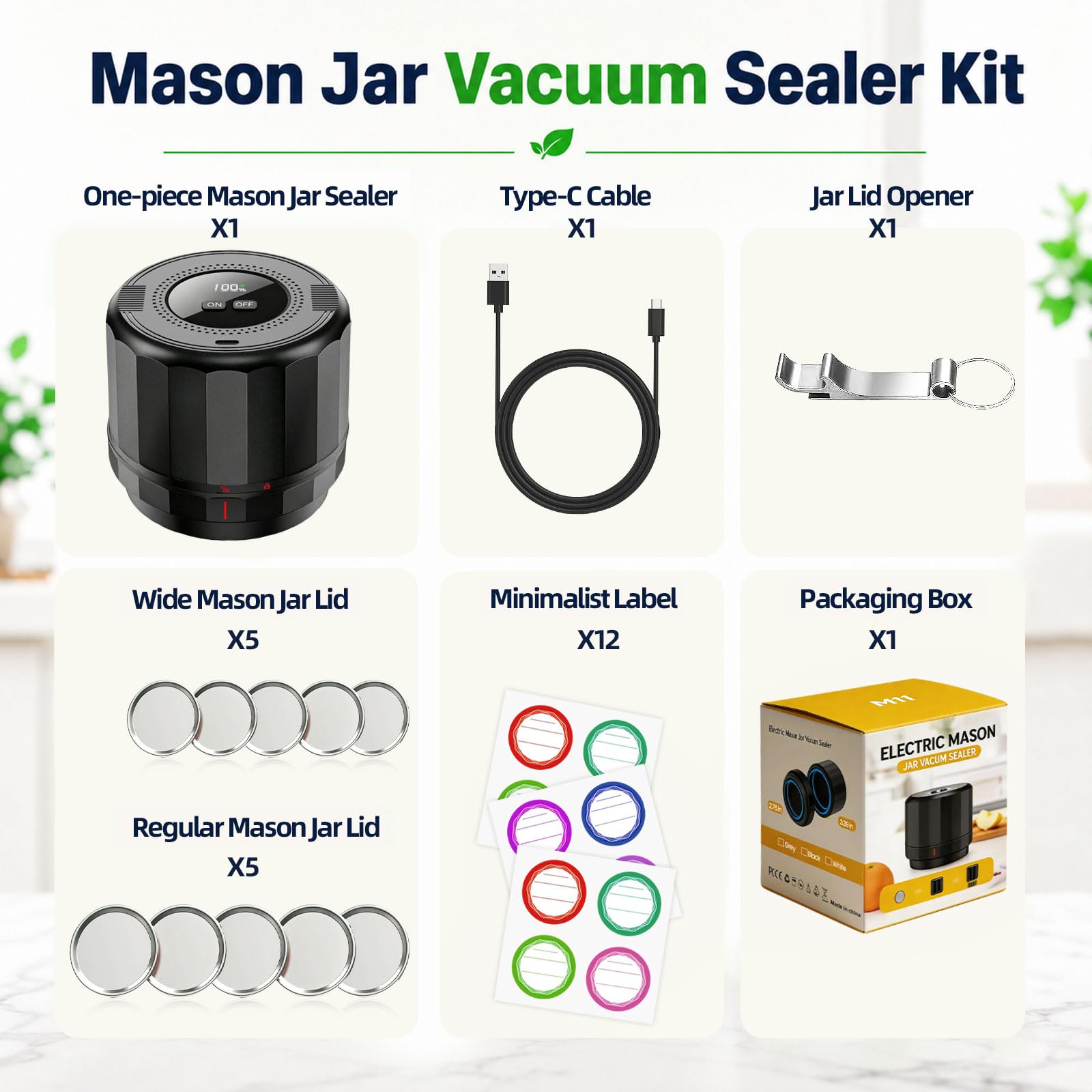 Sellador al vacío M11 Mason Jar – Kit de sellador al vacío eléctrico con tapas Mason de boca ancha y regular, sellador al vacío para tarros de conservas, máquina de sellado al vacío para