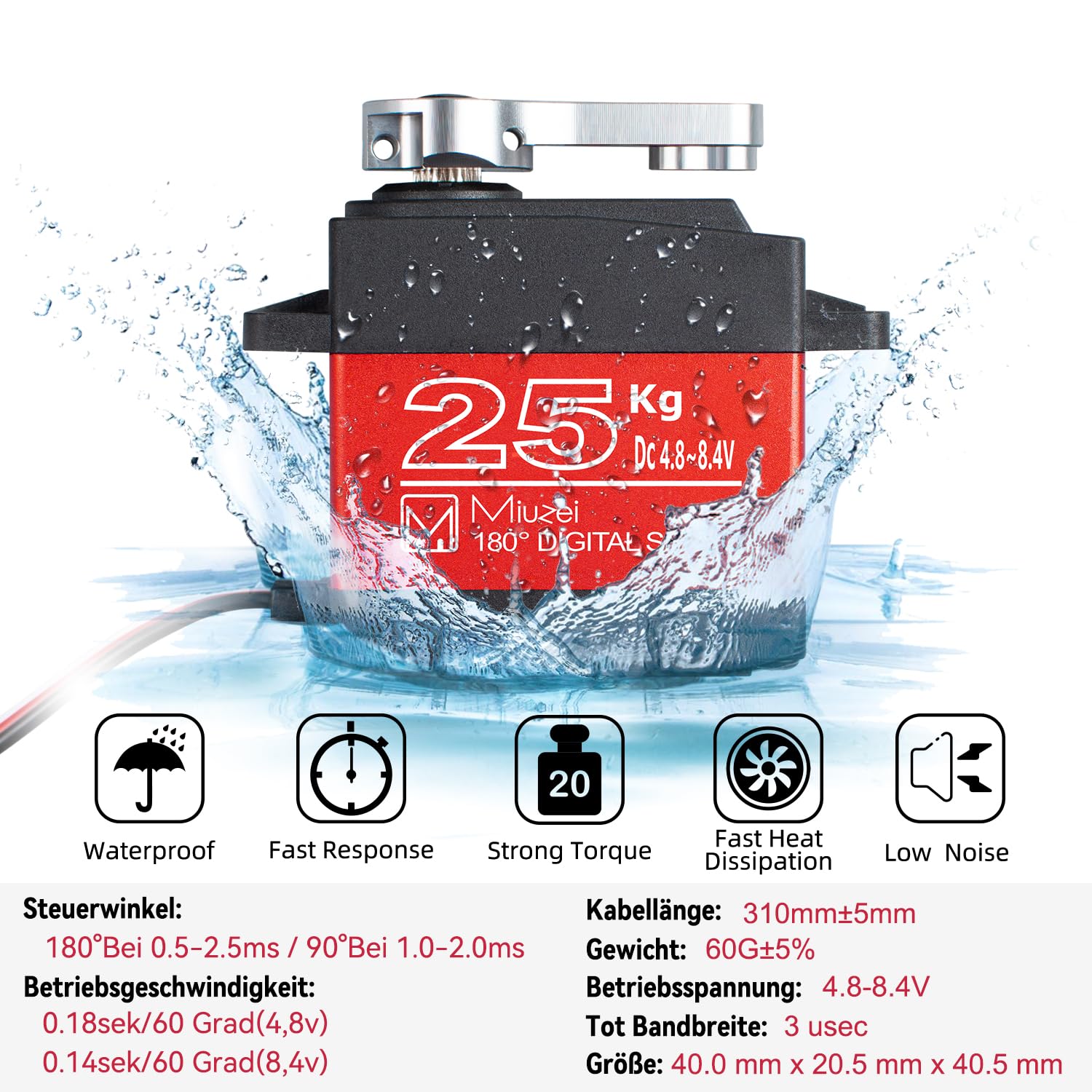 Miuzei Servo Rc 25kg Servomoteur Digital Standard 180 Metal Waterproof Compatible avec Arduino Pour Voiture Rc 1/10 1/8 Bras Robot Modelisme Voilier