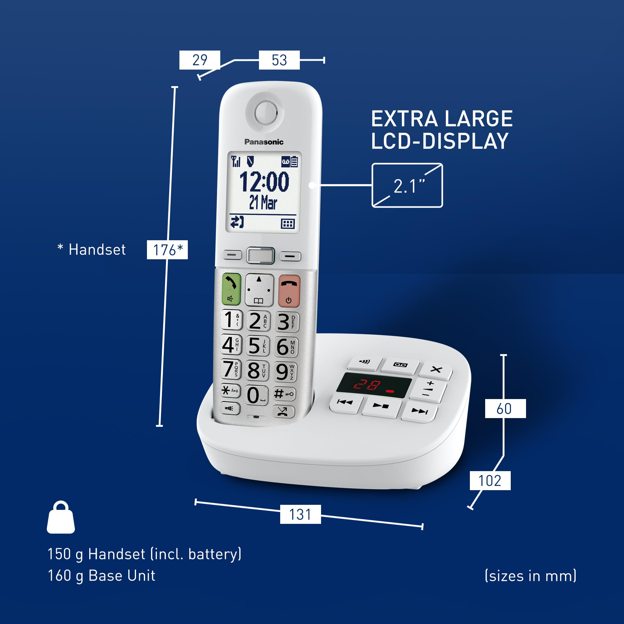 Panasonic KX-TGU430EXW Cyfrowy Telefon Bezprzewodowy z Automatyczną sekretarką, Wzmocnioną głośnością, jednostką podstawową i 1 słuchawkami, wyświetlaczem LCD, latarką, kompatybilną ze słuchawkami
