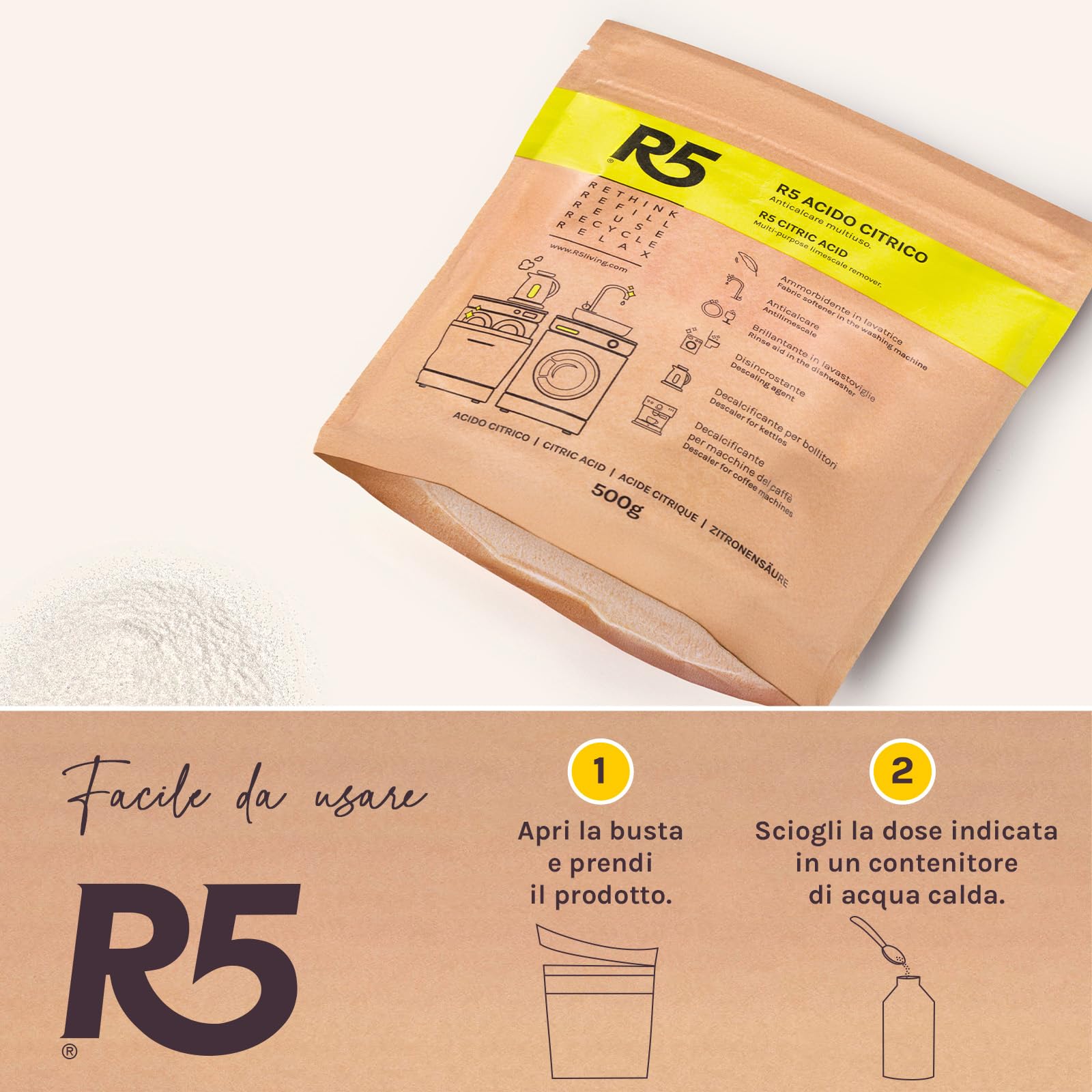 R5, Acido Citrico in Polvere, 1Kg, Anticalcare Multiuso, Disincrostante, Brillantante e Ammorbidente, Inodore