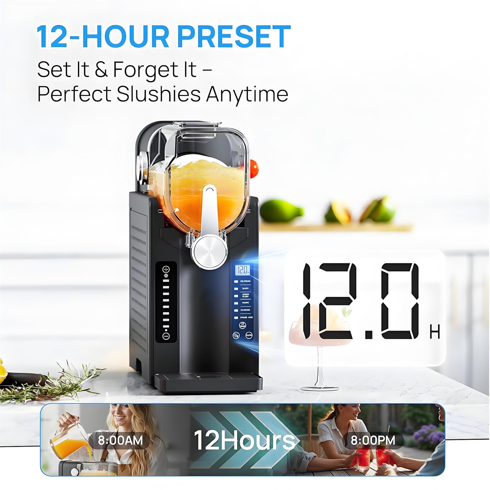 Maszyna do slushie o mocy 200 W, maszyna do slushie do użytku domowego, bez lodu, z wyświetlaczem LED, 1,6 l, rezerwacja jednym dotknięciem i 6 przystawek, 42,5 x 19,5 x 42 cm