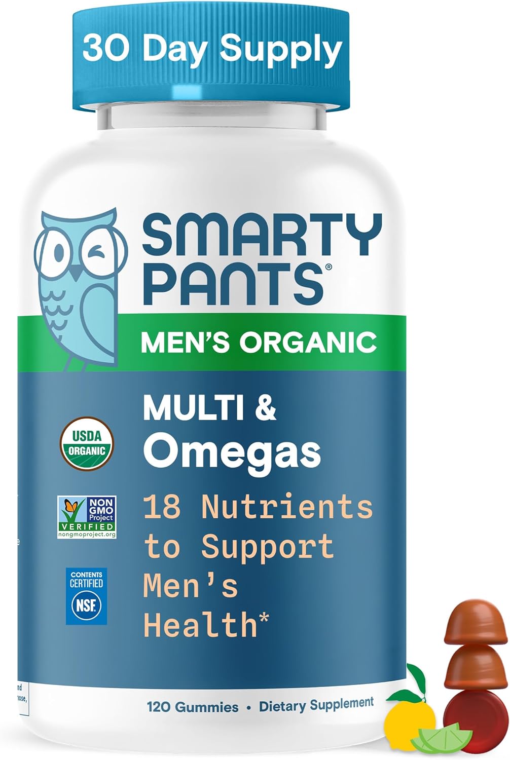 SmartyPants Multivitamin for Men, Organic Gummies: Methylfolate, Omega 3 (ALA), Vitamin D3, C, Vitamin B12, B6, A, K & Zinc for Immune Support, Biotin, Vegetarian, 120 Gummies (30 Day Supply)