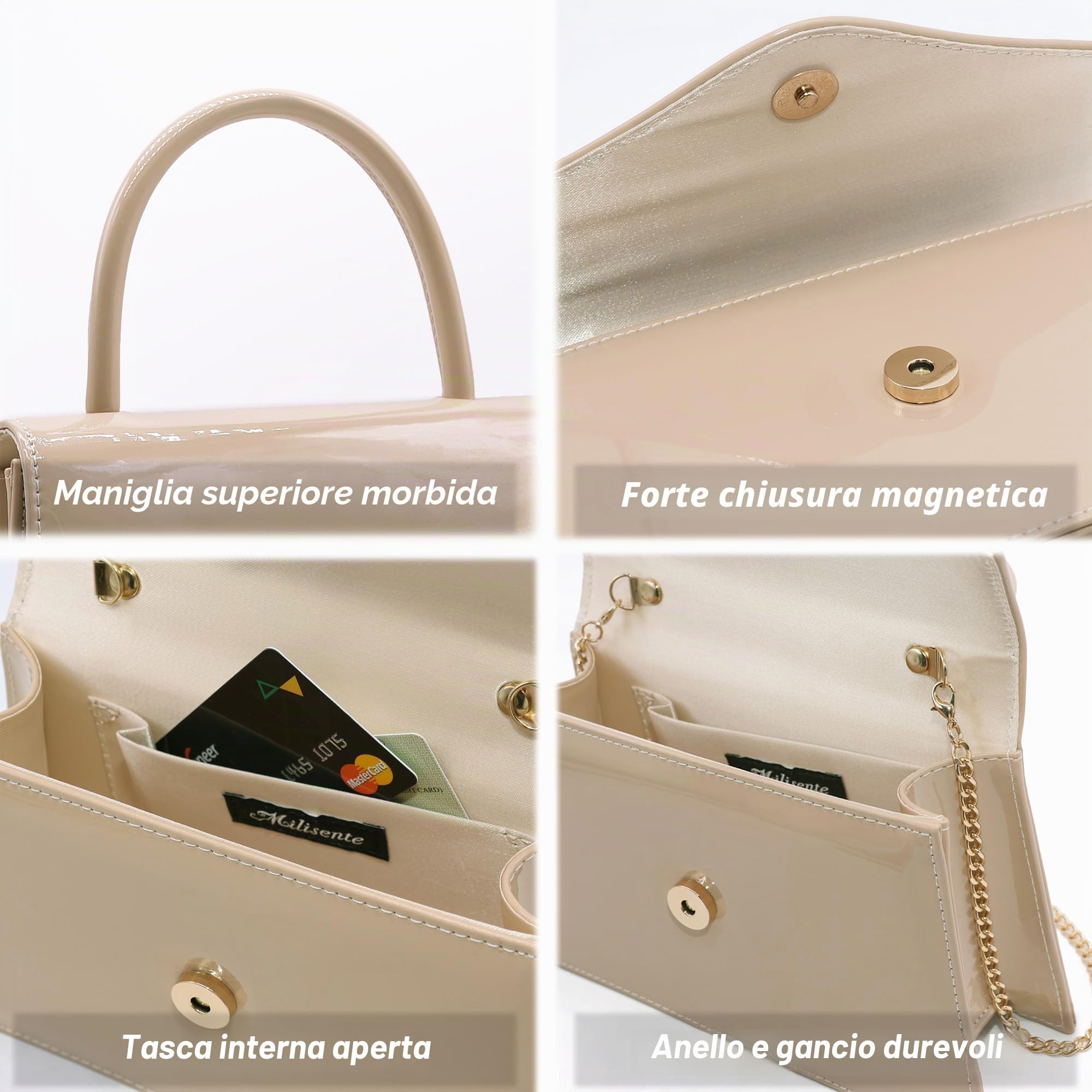 Pochette da donna in finta pelle laccata, per matrimonio, piccola pochette con tracolla