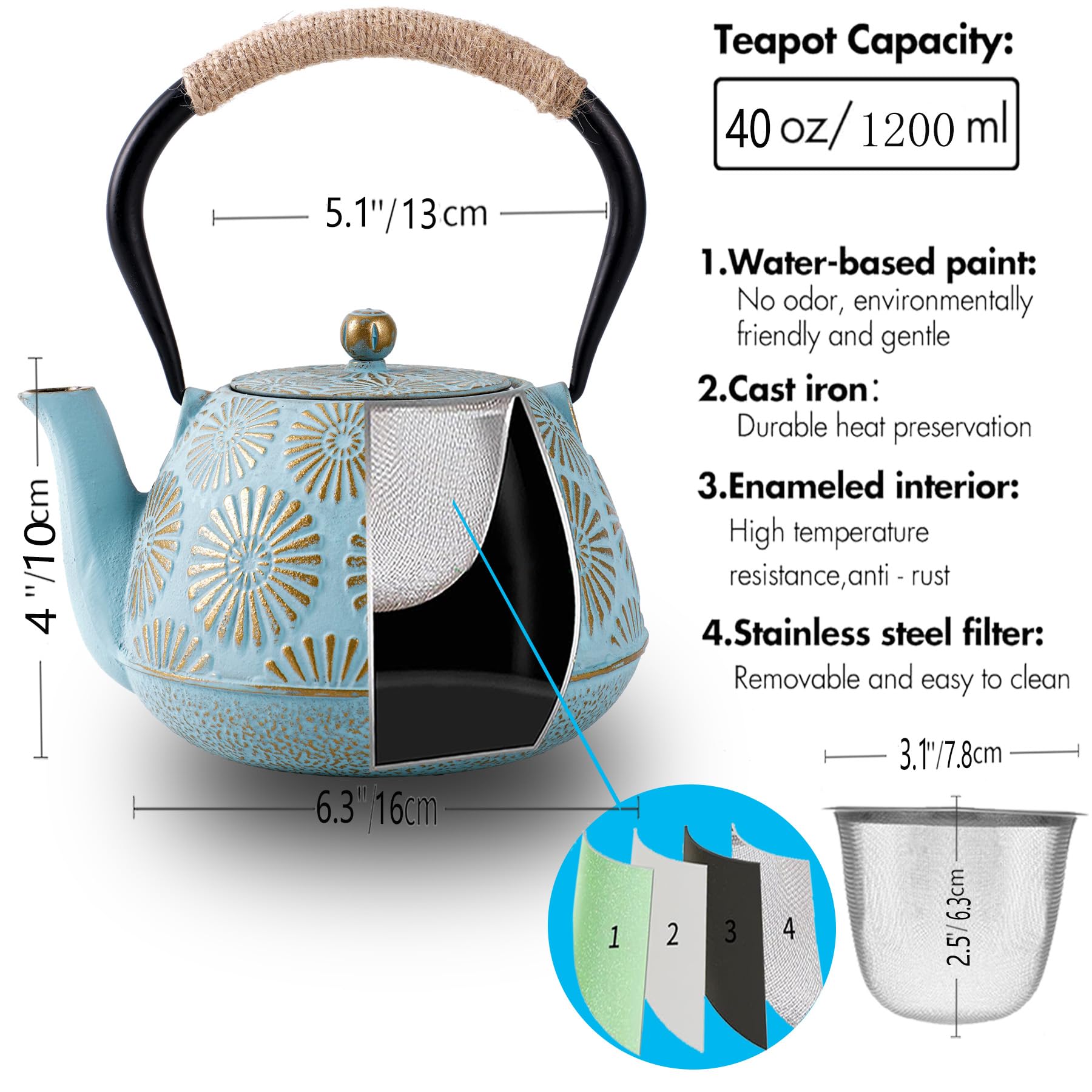 Amazon.com | Japanese Tetsubin Cast Iron Teapot, 40oz (1200ml