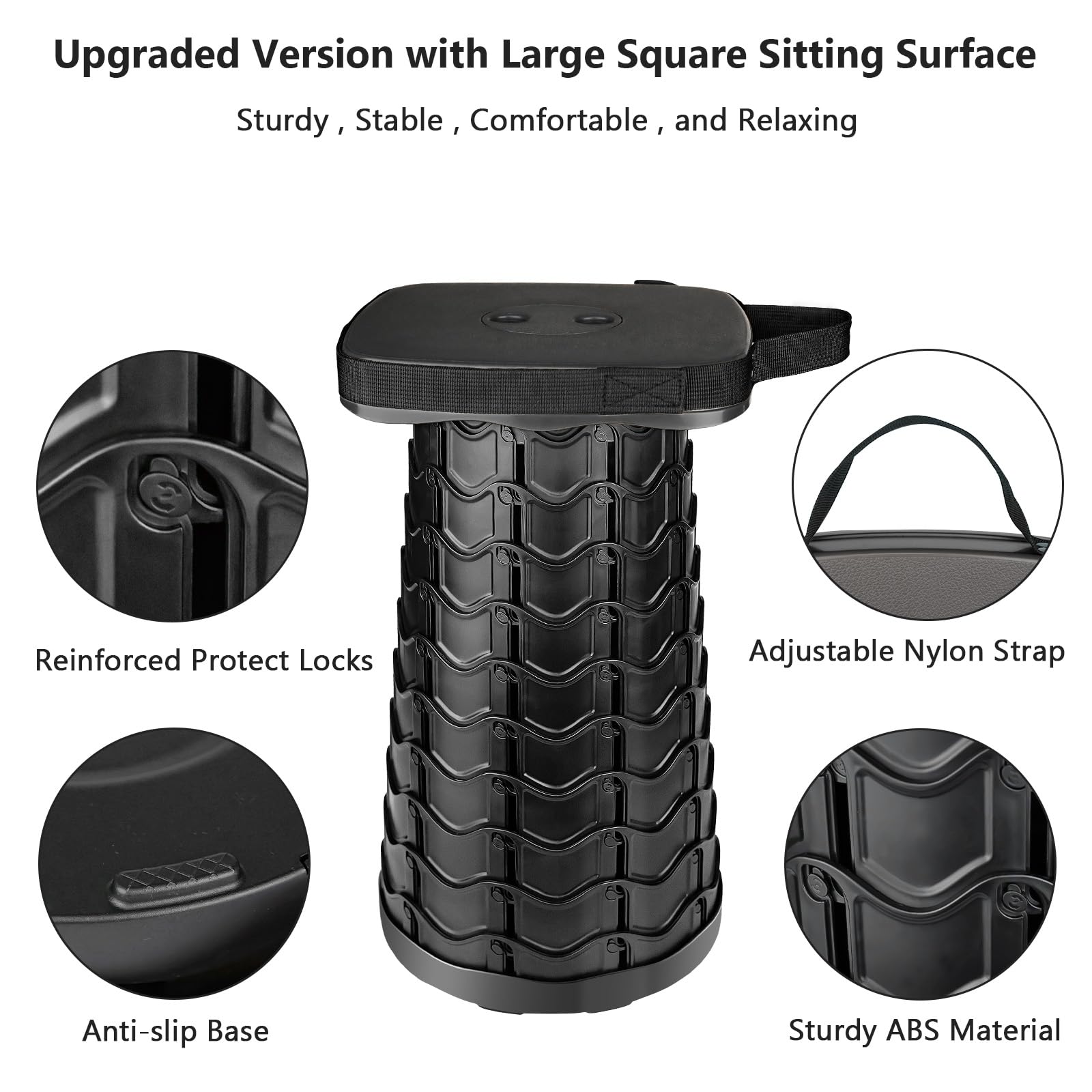 Outward Gear Upgraded Folding Stool Heavy Duty 550lbs Load Capacity Collapsible Portable Sturdy Telescopic Stool for Camping Travel Hiking (Black)