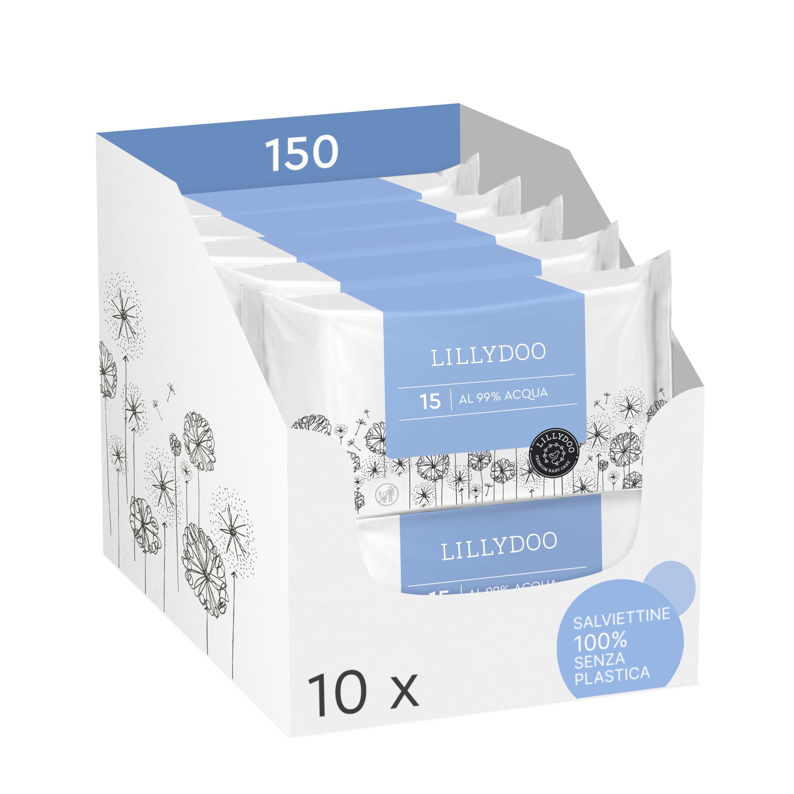 Salviettine umidificate LILLYDOO al 99% acqua, 150 pezzi (10 x 15), 100% senza plastica, senza profumi e delicate come acqua e cotone